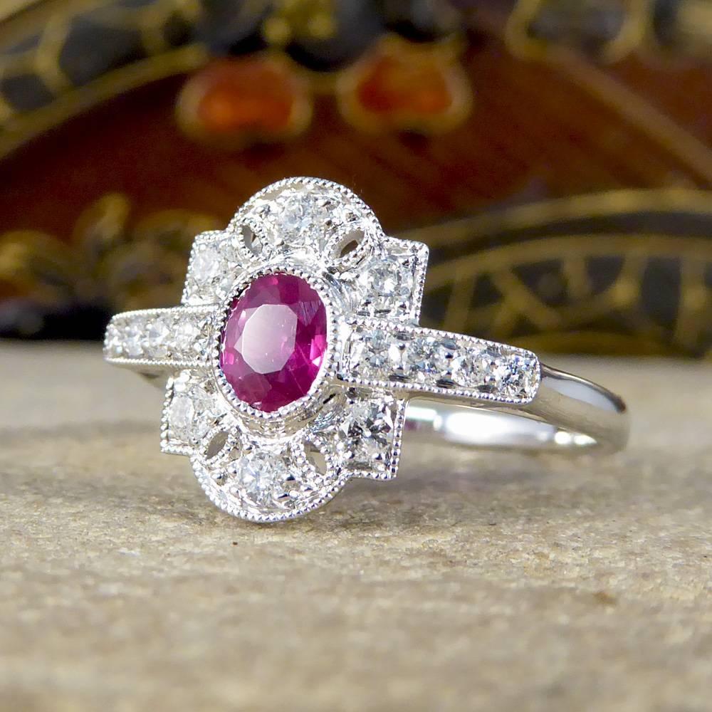 Art Deco Style Ruby Diamond 18 Carat White Gold Ring 1