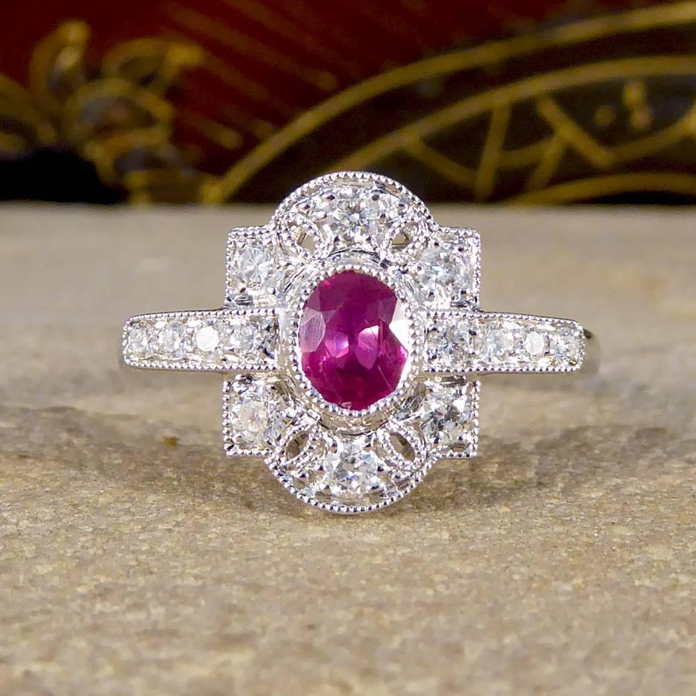 Art Deco Style Ruby Diamond 18 Carat White Gold Ring at 1stDibs
