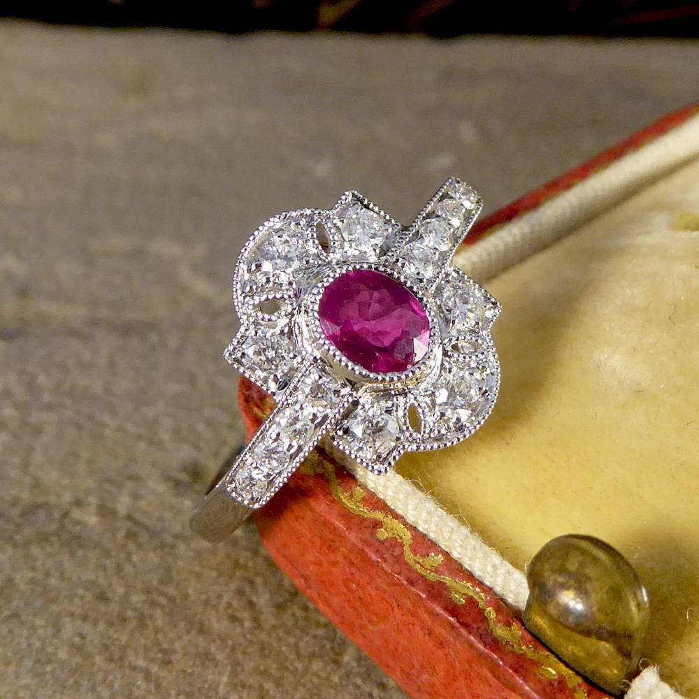 Art Deco Style Ruby Diamond 18 Carat White Gold Ring 6