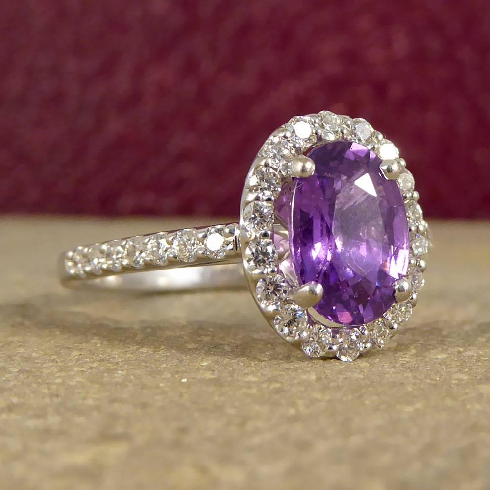 This radiant piece would make a fabulous engagement ring!

Modeled in 18ct white gold it features a 1.42ct purple sapphire stone of wonderful colour, surrounded by diamonds. Set with diamond shoulders, it sparkles from every angle!

Ring Size: UK N