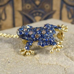 Sapphire, Champagne Diamond Frog Pendant 18 Carat Brooch on 9 Carat Gold Chain