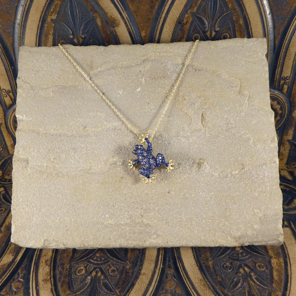 Modern Sapphire, Champagne Diamond Frog Pendant 18 Carat Brooch on 9 Carat Gold Chain