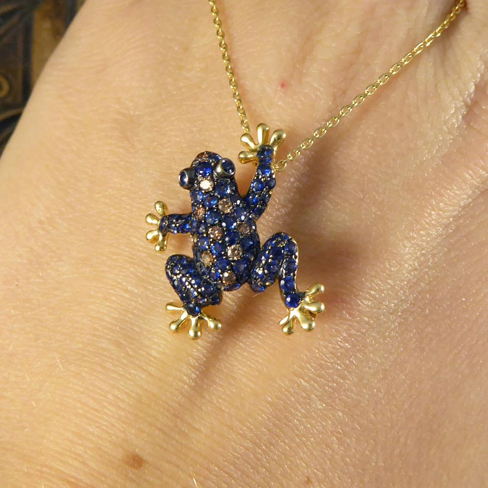 Women's or Men's Sapphire, Champagne Diamond Frog Pendant 18 Carat Brooch on 9 Carat Gold Chain
