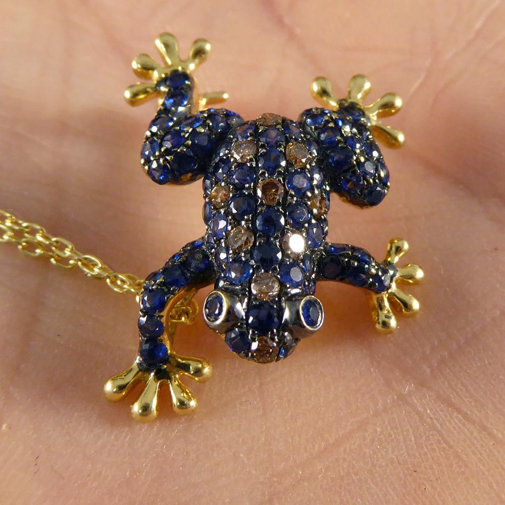 Sapphire, Champagne Diamond Frog Pendant 18 Carat Brooch on 9 Carat Gold Chain 3