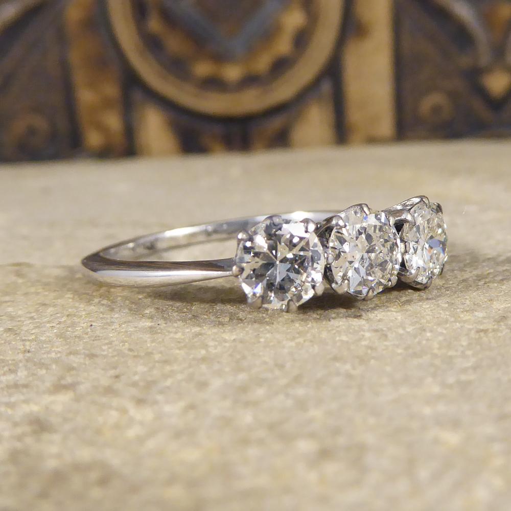 The three beautifully sparkly Round cut Diamonds are set in an 18ct white Gold and Platinum eight claw setting, and weigh approximately 1.20ct in total. With a low setting measuring 5mm from the finger this ring can be easily worn on a daily basis.
