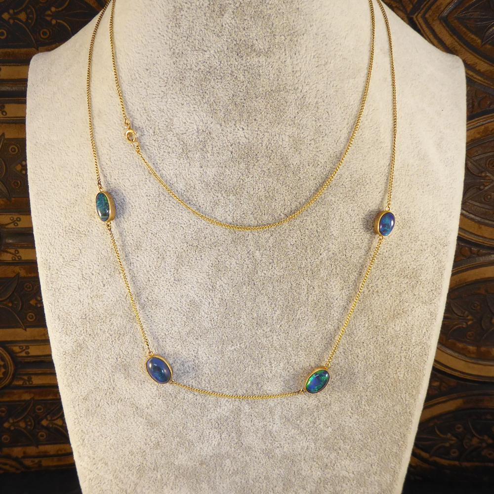 Women's or Men's Edwardian Long 15 Carat Yellow Gold Chain Necklace with Four Black Opal Stones