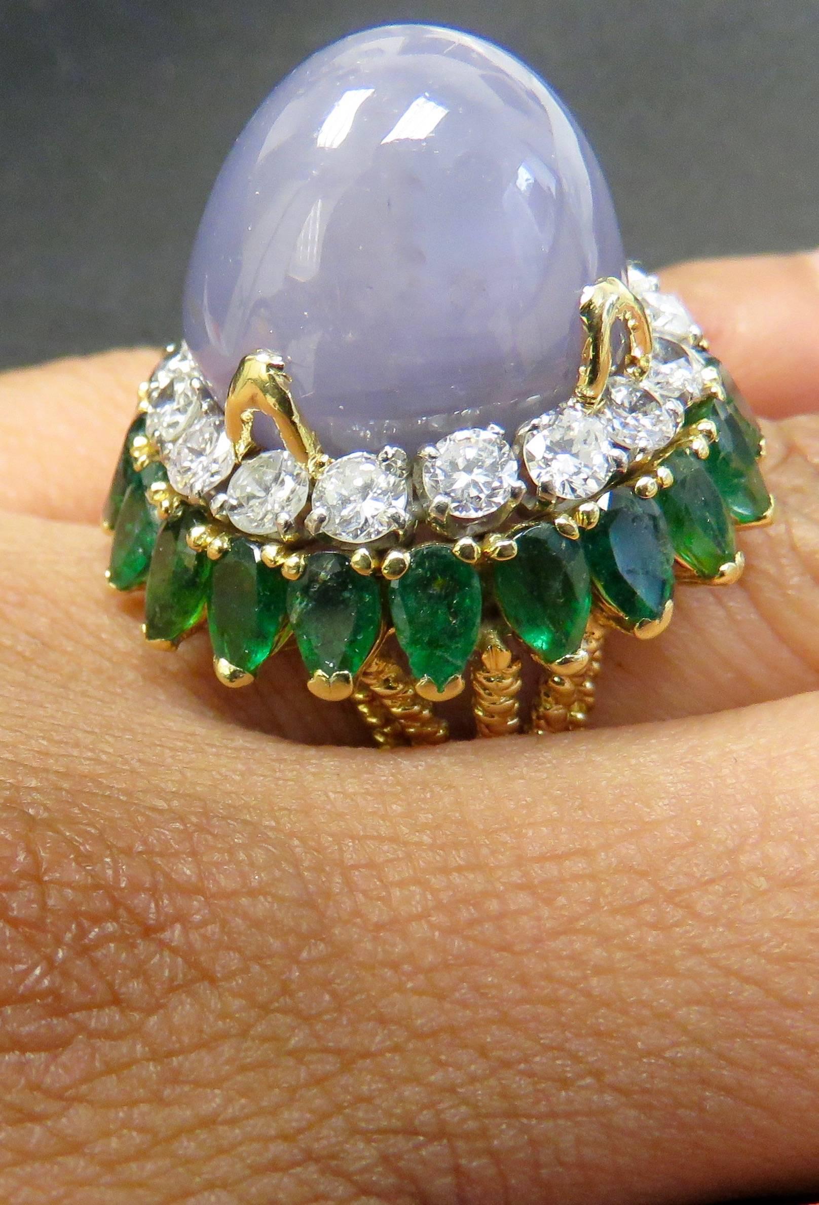 Large Star Sapphire, Emerald and Diamond Yellow Gold Ring 4