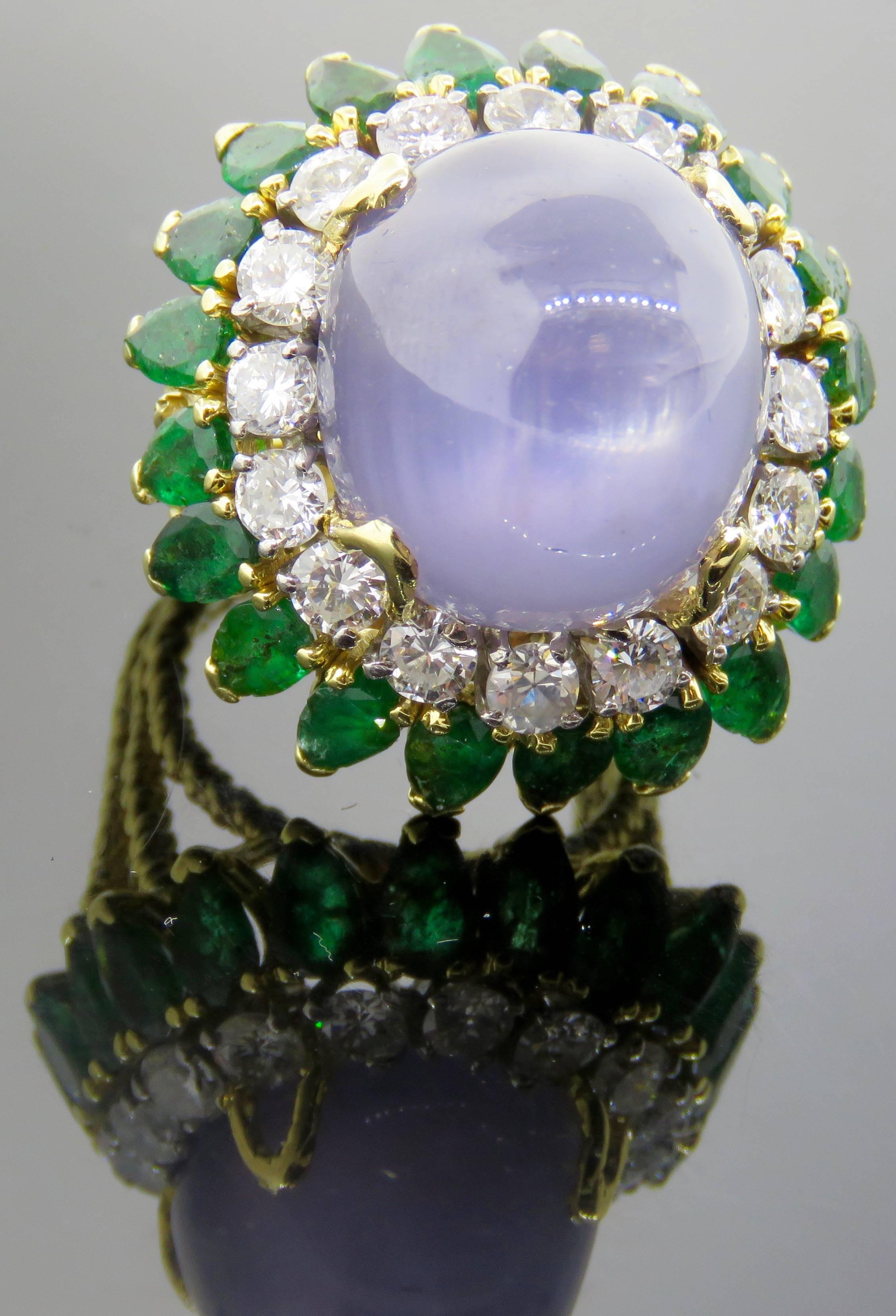 Women's Large Star Sapphire, Emerald and Diamond Yellow Gold Ring