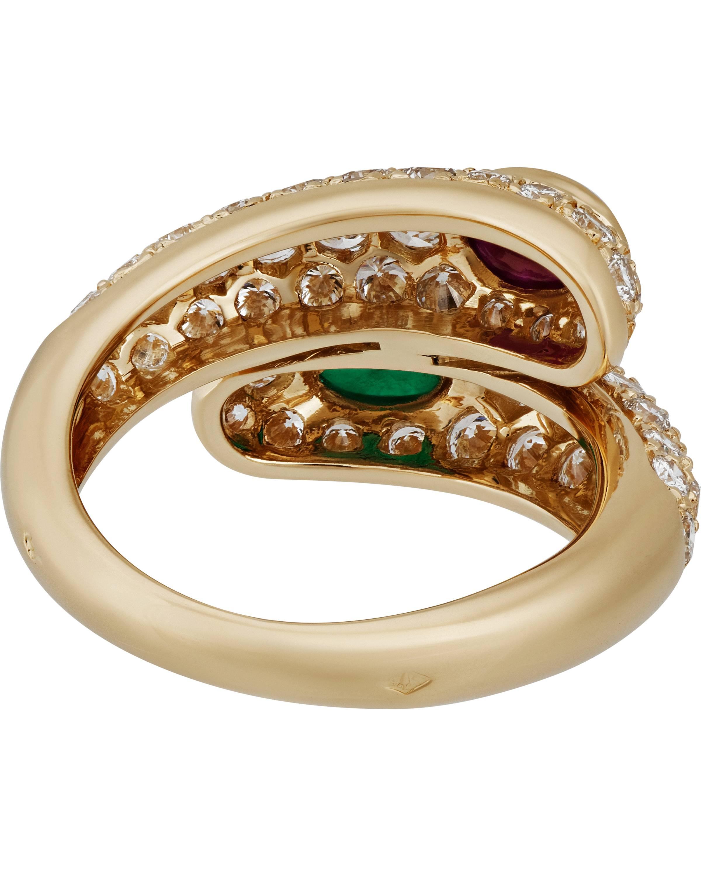 Cartier 18K Yellow Gold Emerald, Ruby and Diamond Bypass Ring Size: 6 In New Condition In New York, NY