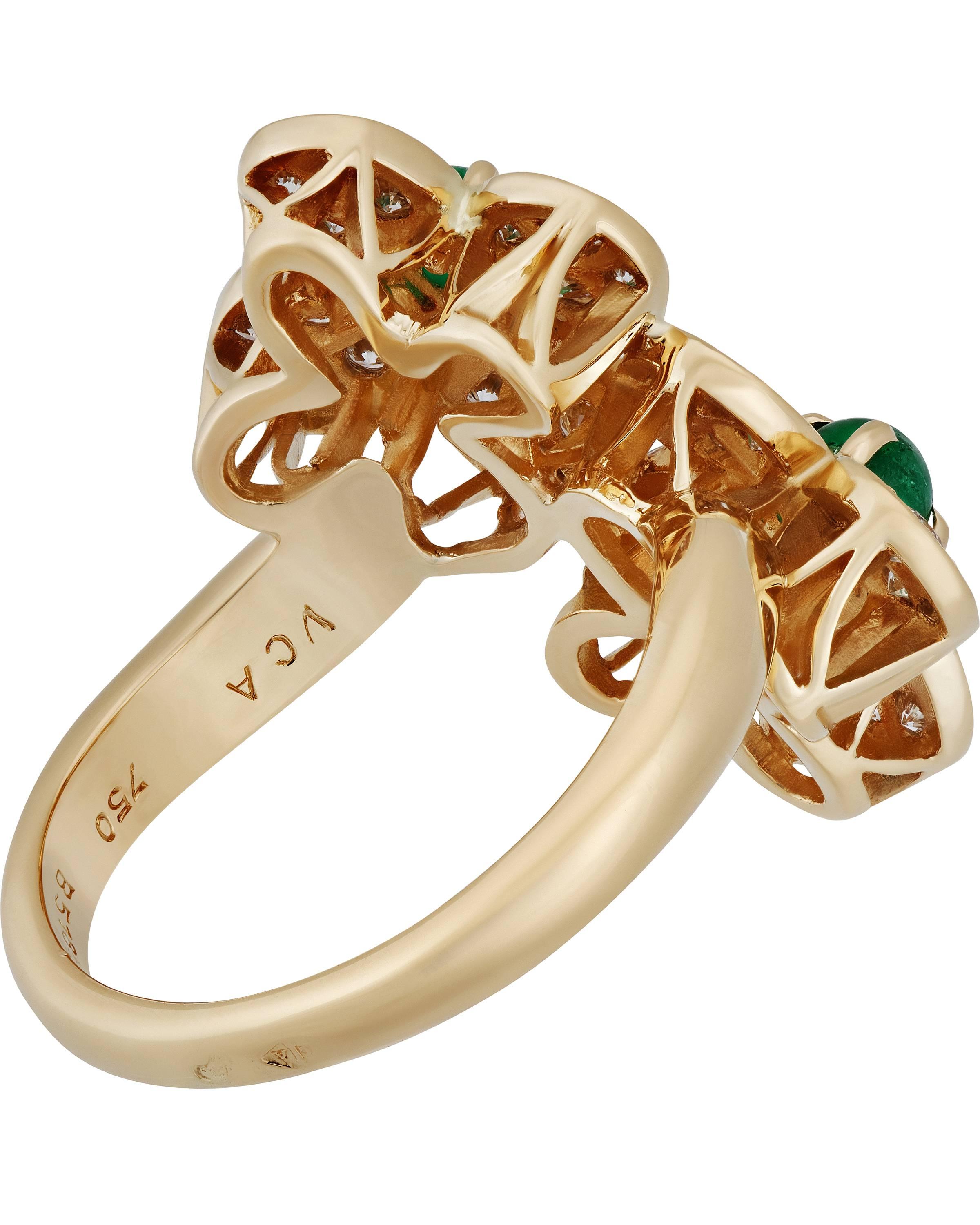 Van Cleef & Arpels 18K Yellow Gold Diamond and Emerald Trefle Ring Size: 5.5 In New Condition In New York, NY