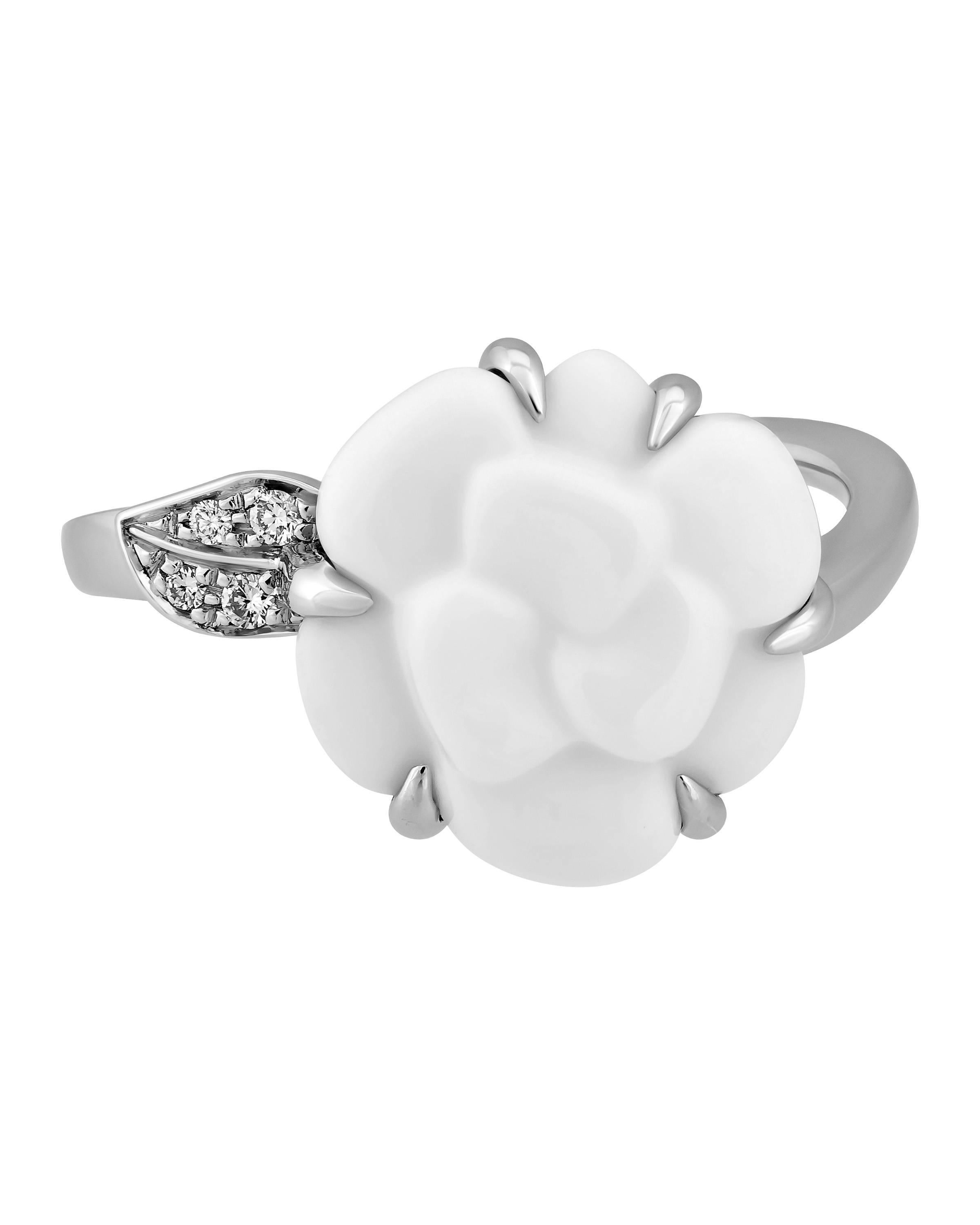 Gorgeous, translucent agate takes the form of a camellia, one of the loveliest flowers, in this elegant, breathtaking testament to the way that jewelry can merge the worlds of fashion and art.

METAL TYPE: 18K White Gold
STONE WEIGHT: 0.04ct