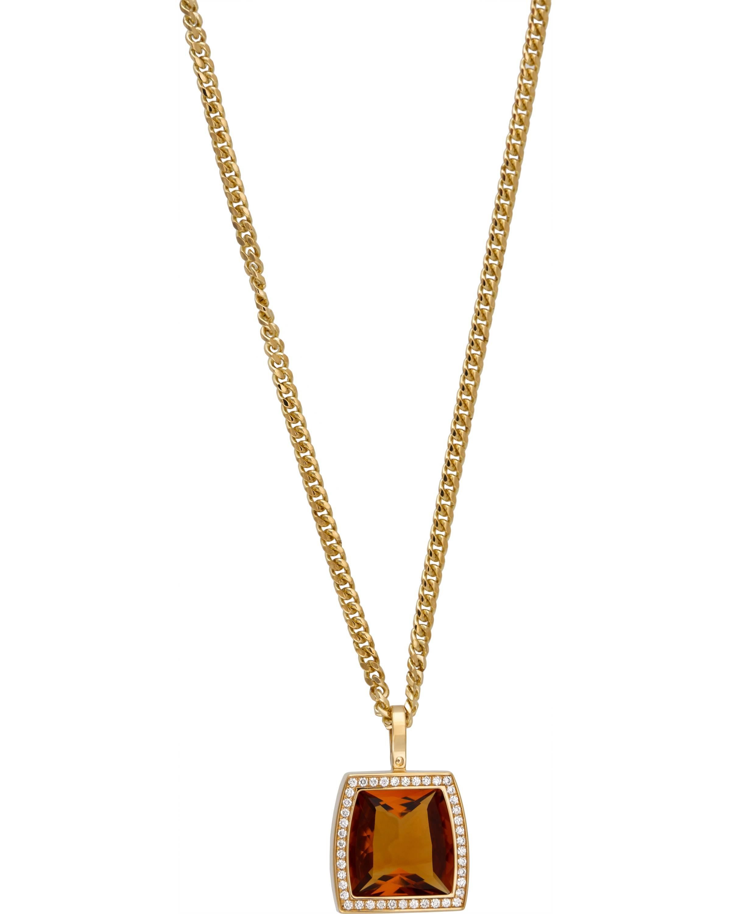 The stunning tone and hue of the citrine in this necklace show just how versatile and compelling this crystal can be. An amazingly crafted piece of jewelry that is uniquely captivating.

18K Yellow Gold
Diamond: 0.30 ct twd
Total Weight: 14.8