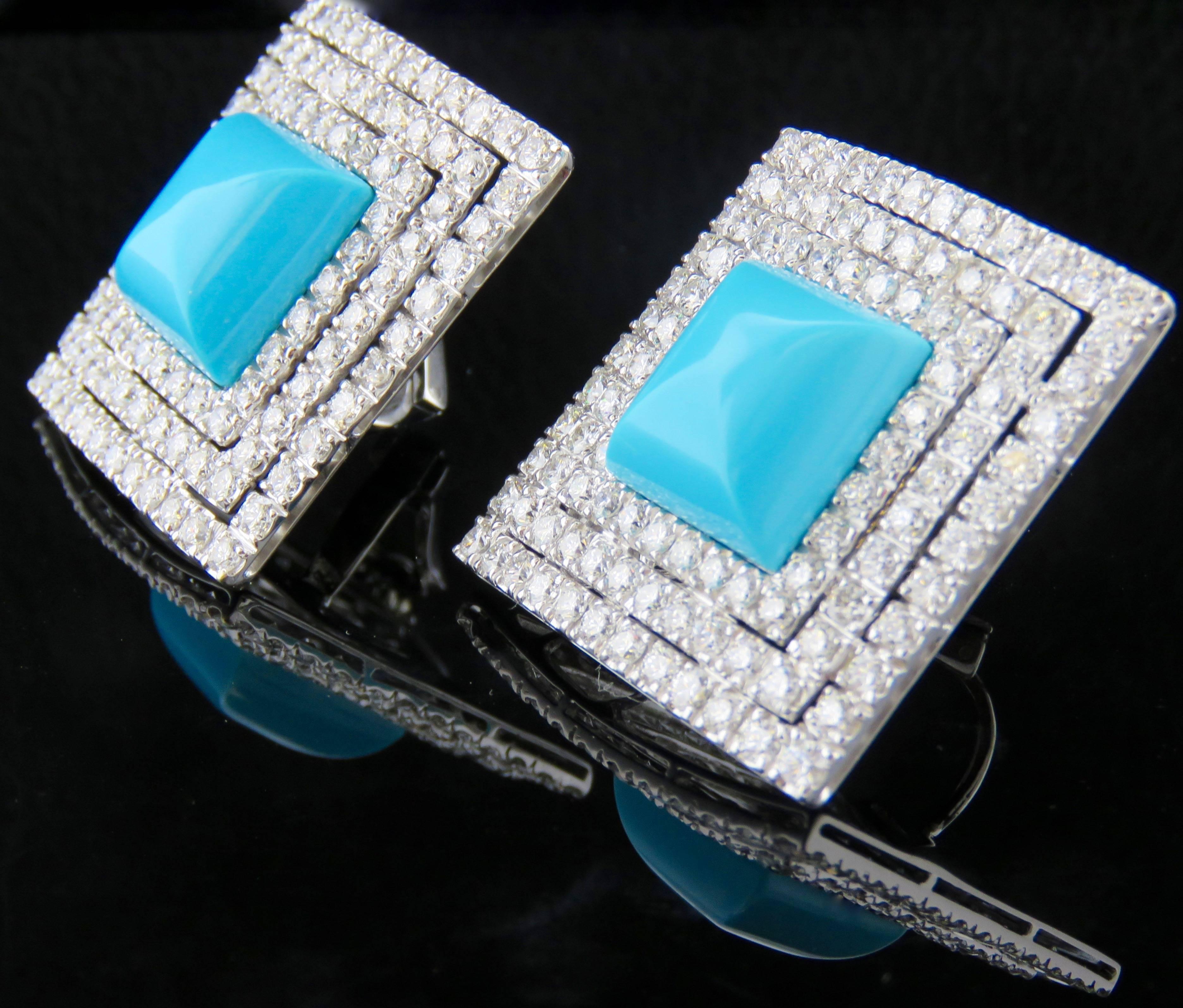 Modern  Pyramid Turquoise Diamond Earrings