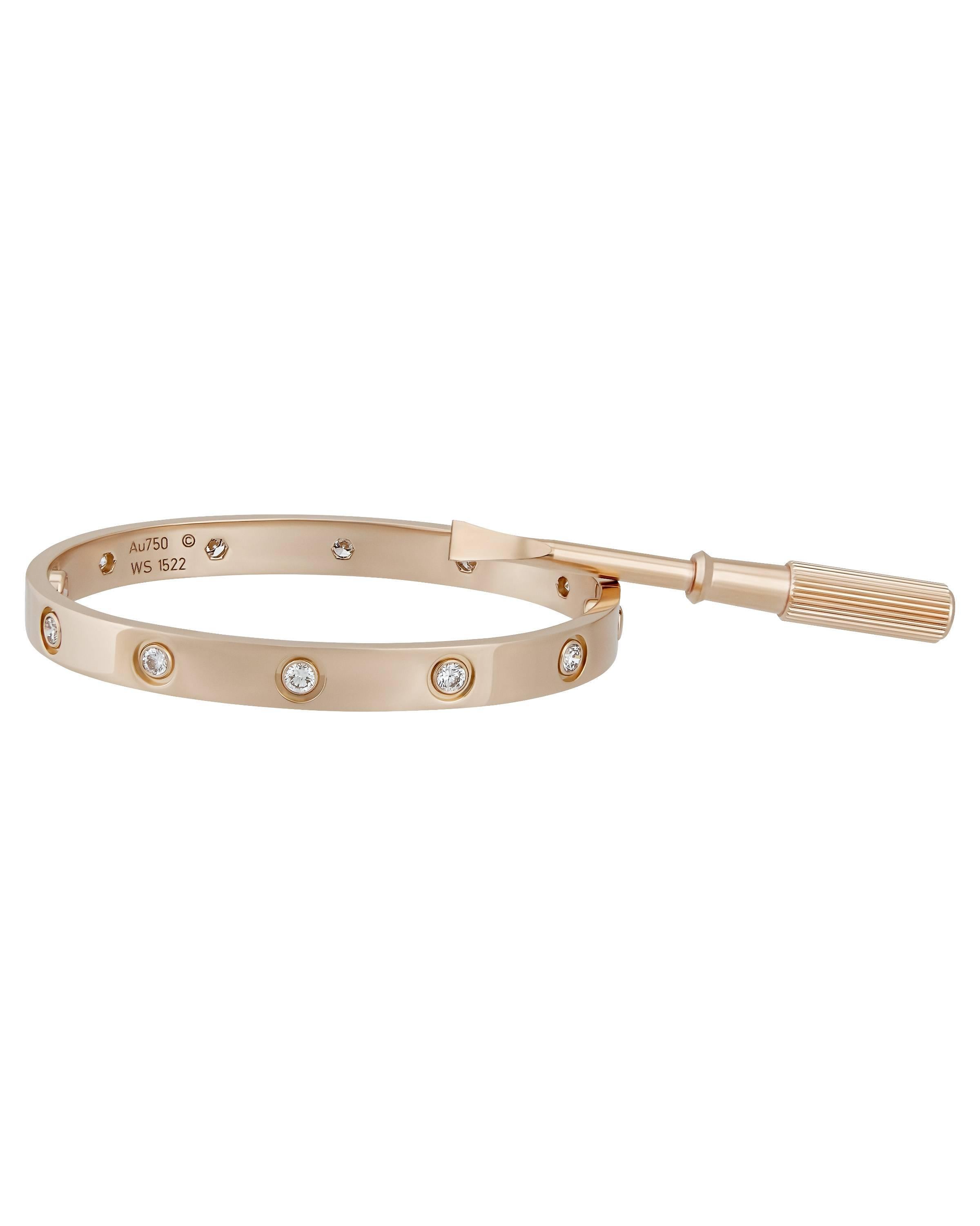 Cartier 18K rose gold 10 diamond love bracelet. This iconic Cartier love bracelet is a size 16 includes 10 diamonds equaling .96 pts TCW. The entire bracelet weighs 27.9.2 grams and has the Cartier AU 750 Hallmark.

Box is included.

