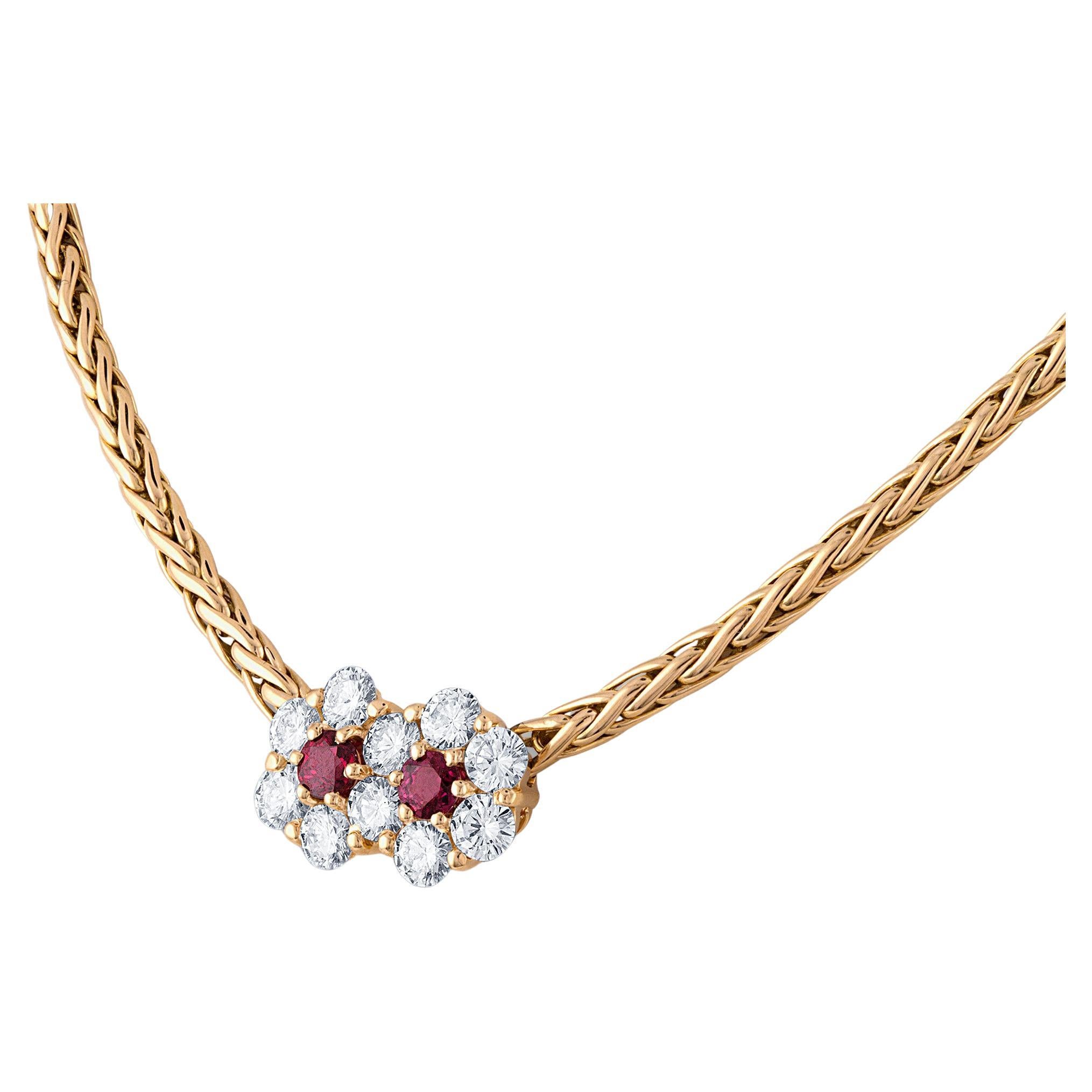 Mauboussin 18 Karat Yellow Gold Ruby Diamond Flower Necklace