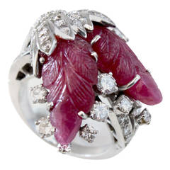 Carved Ruby Diamond Gold Swan Feathers Ring 1