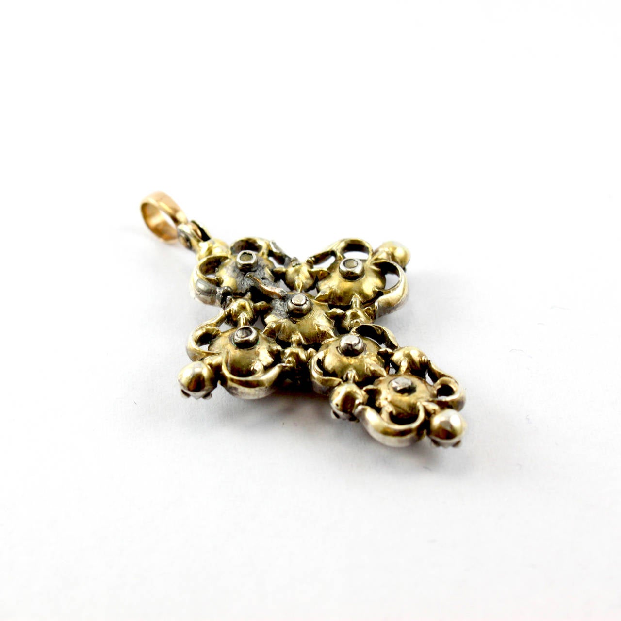 Georgian Ruby Diamond Silver Gold Cross Pendant In Excellent Condition In Idar-Oberstein, DE