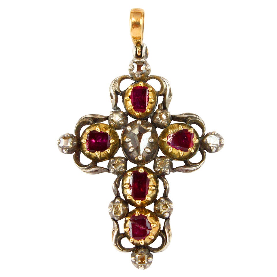 Georgian Ruby Diamond Silver Gold Cross Pendant
