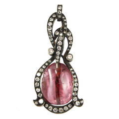 Rubellite Perle Diamant Pendentif Argent Or