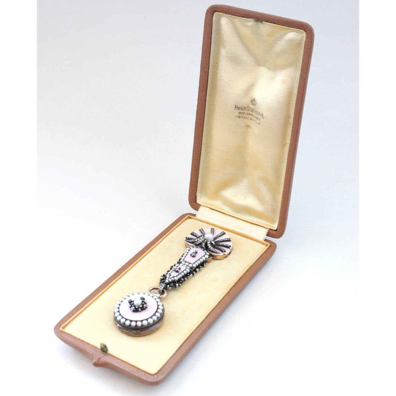 Pink Shell Diamond Pearl Yellow Gold Lapel Watch Brooch 2