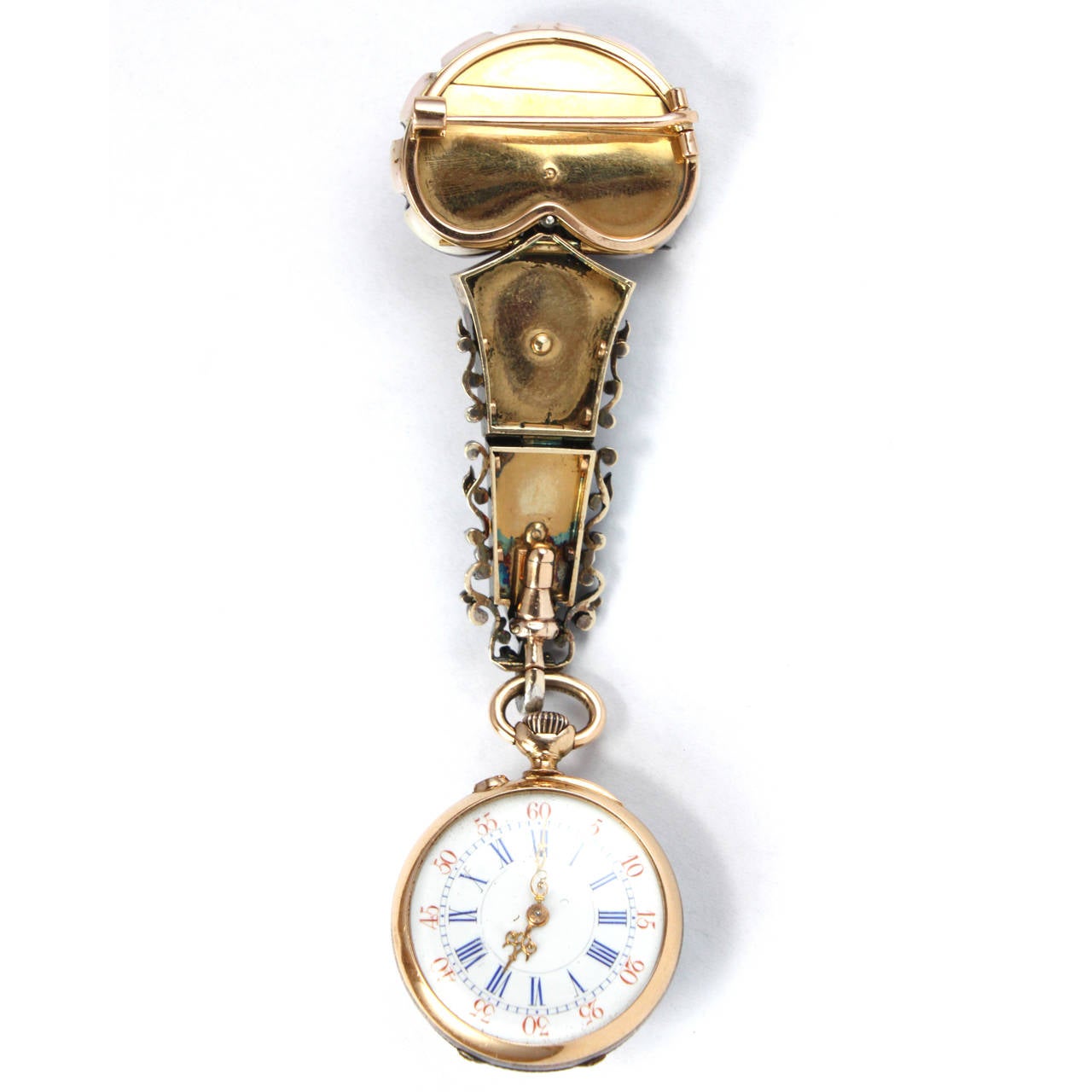 Pink Shell Diamond Pearl Yellow Gold Lapel Watch Brooch In Excellent Condition In Idar-Oberstein, DE