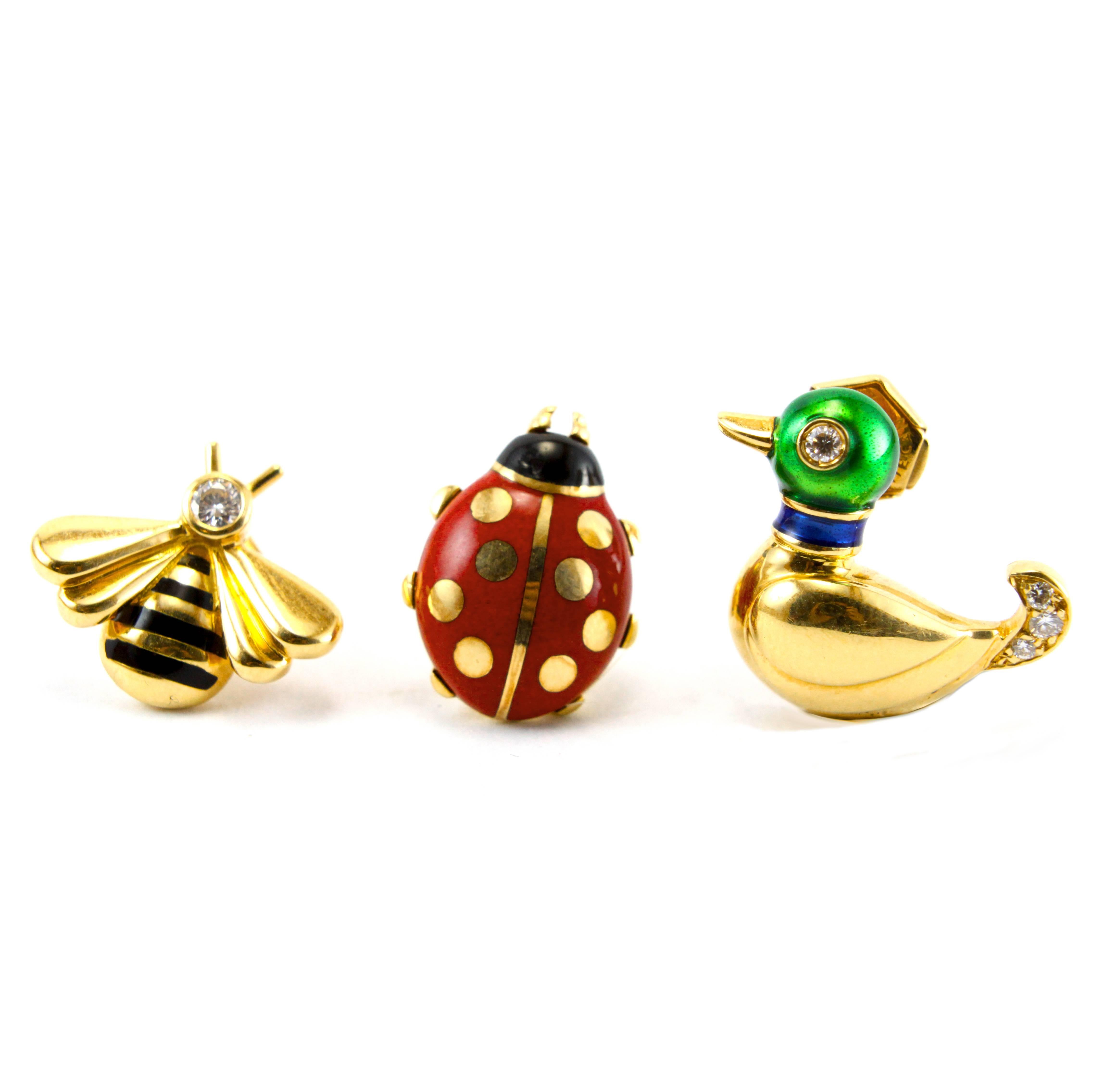 Cartier Enamel Diamond Gold Bee Duck Ladybug Pins In Excellent Condition In Idar-Oberstein, DE