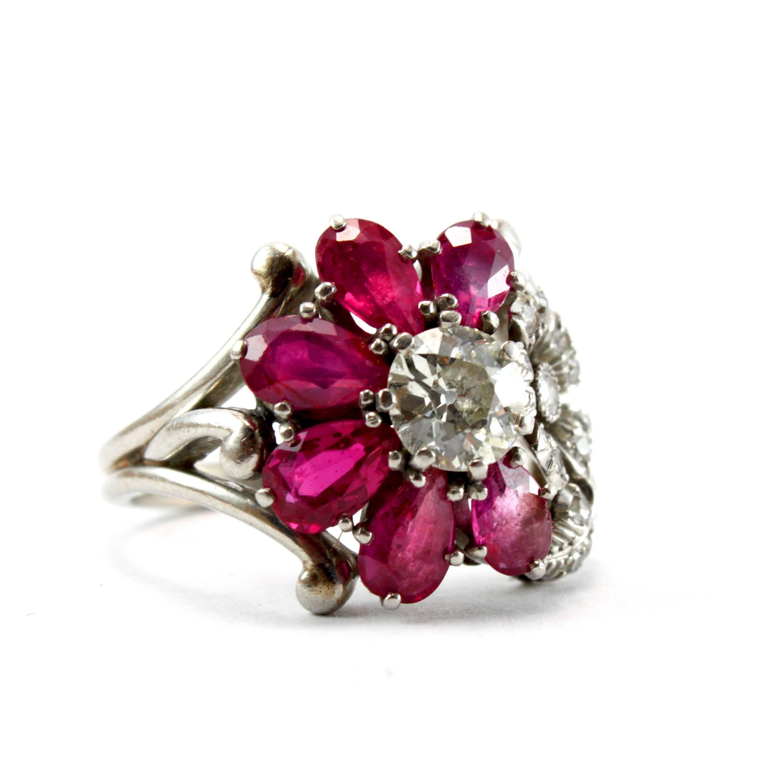 Old European Cut 1940s Ruby Diamond Flower Cluster Ring For Sale