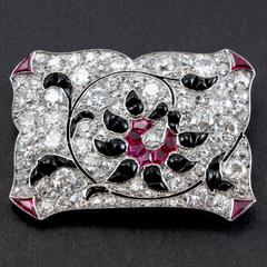 1920s Art Deco Ruby Onyx Diamond Platinum Canvas Brooch