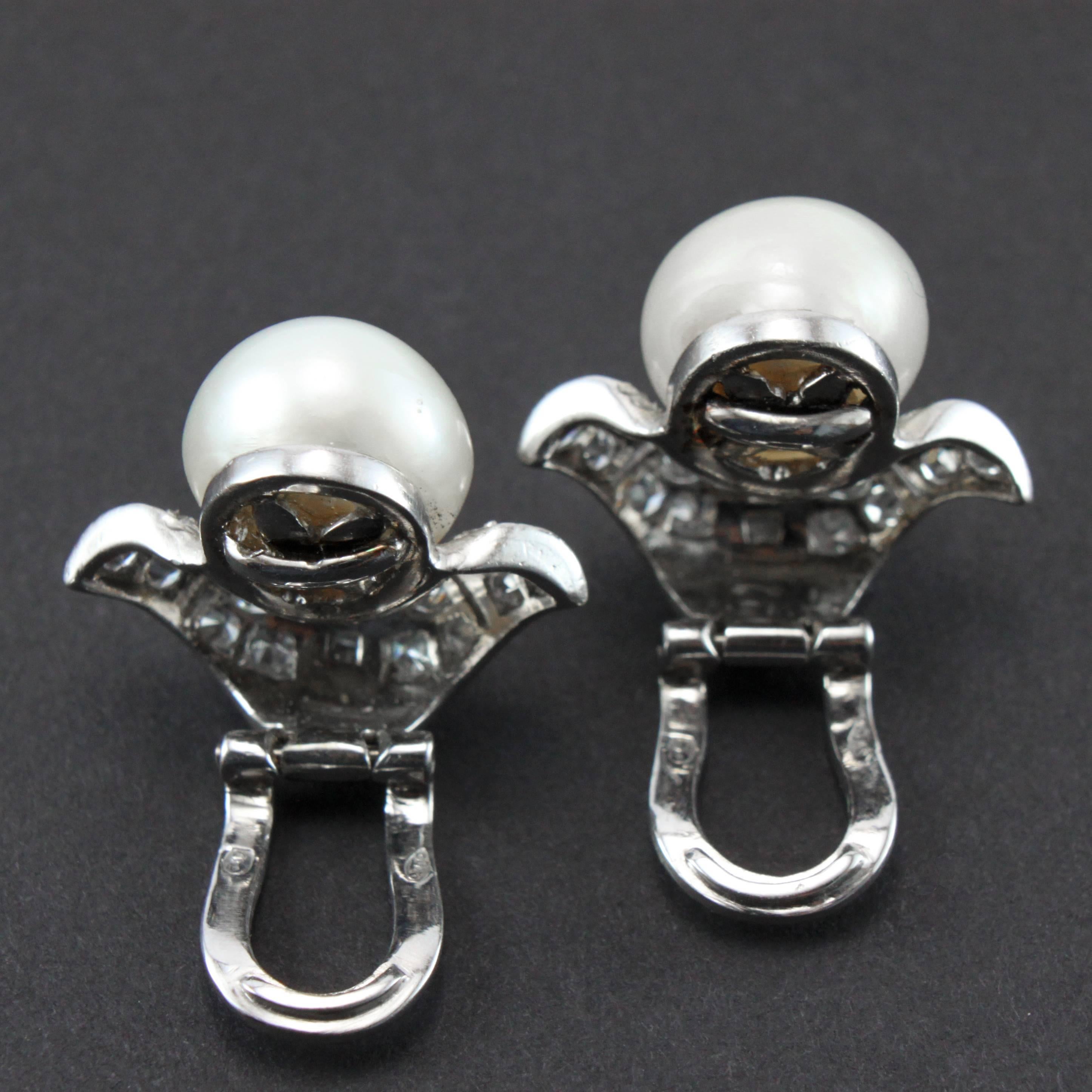 Round Cut 1920s Important Art Deco Natural Pearl Diamond Platinum Clip-On Earrings For Sale