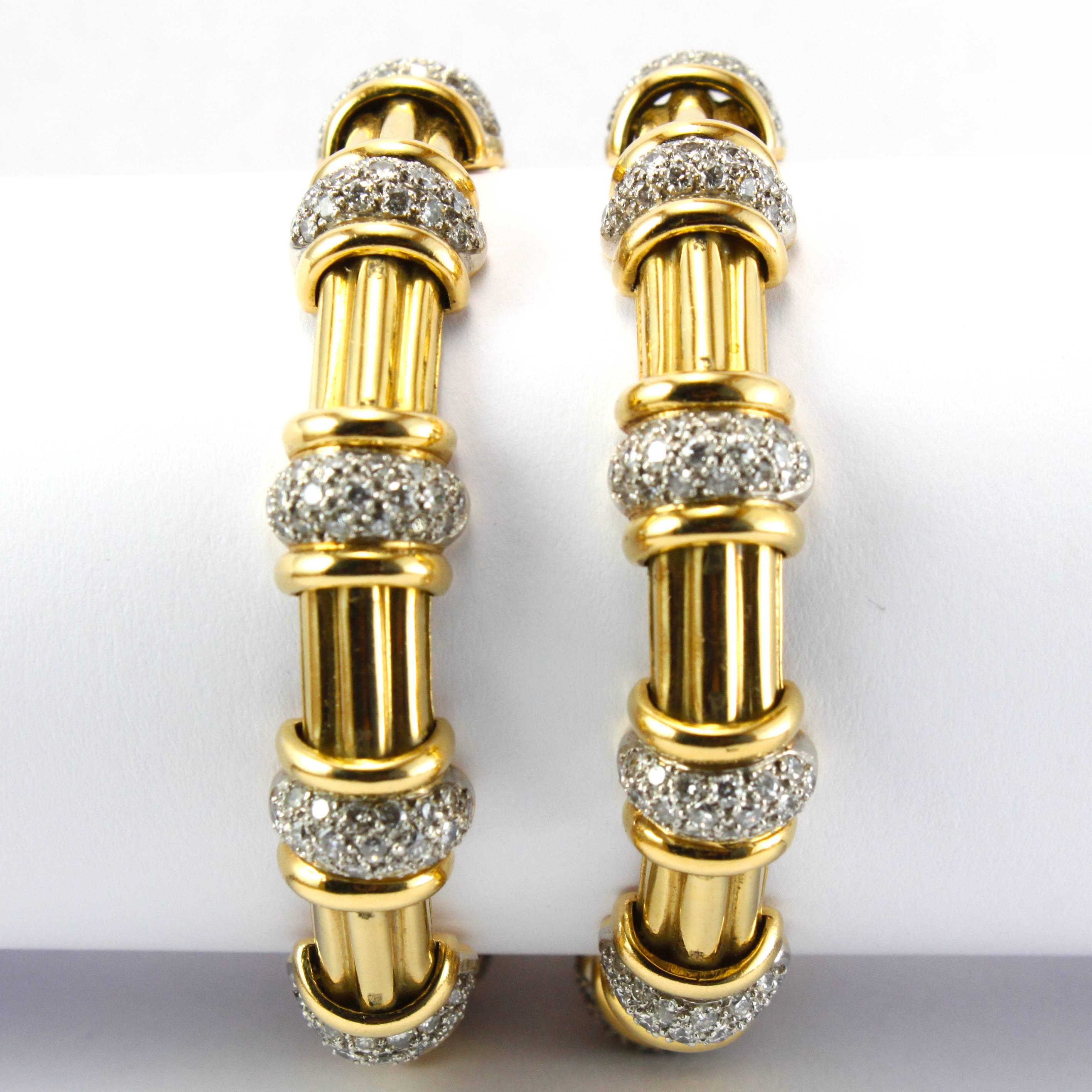 Pair of Diamond Gold Bamboo Bracelets In Excellent Condition In Idar-Oberstein, DE