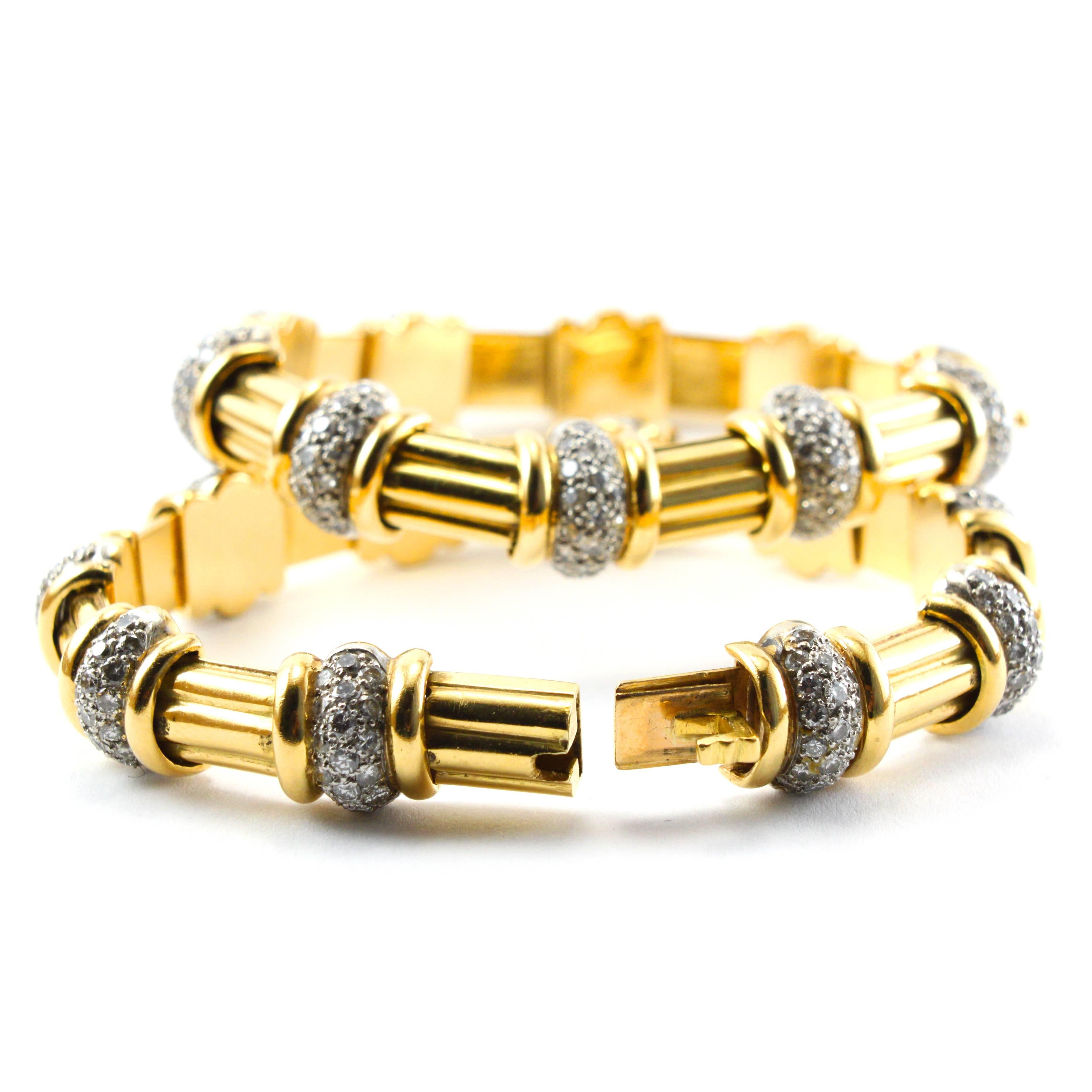 Women's Pair of Diamond Gold Bamboo Bracelets
