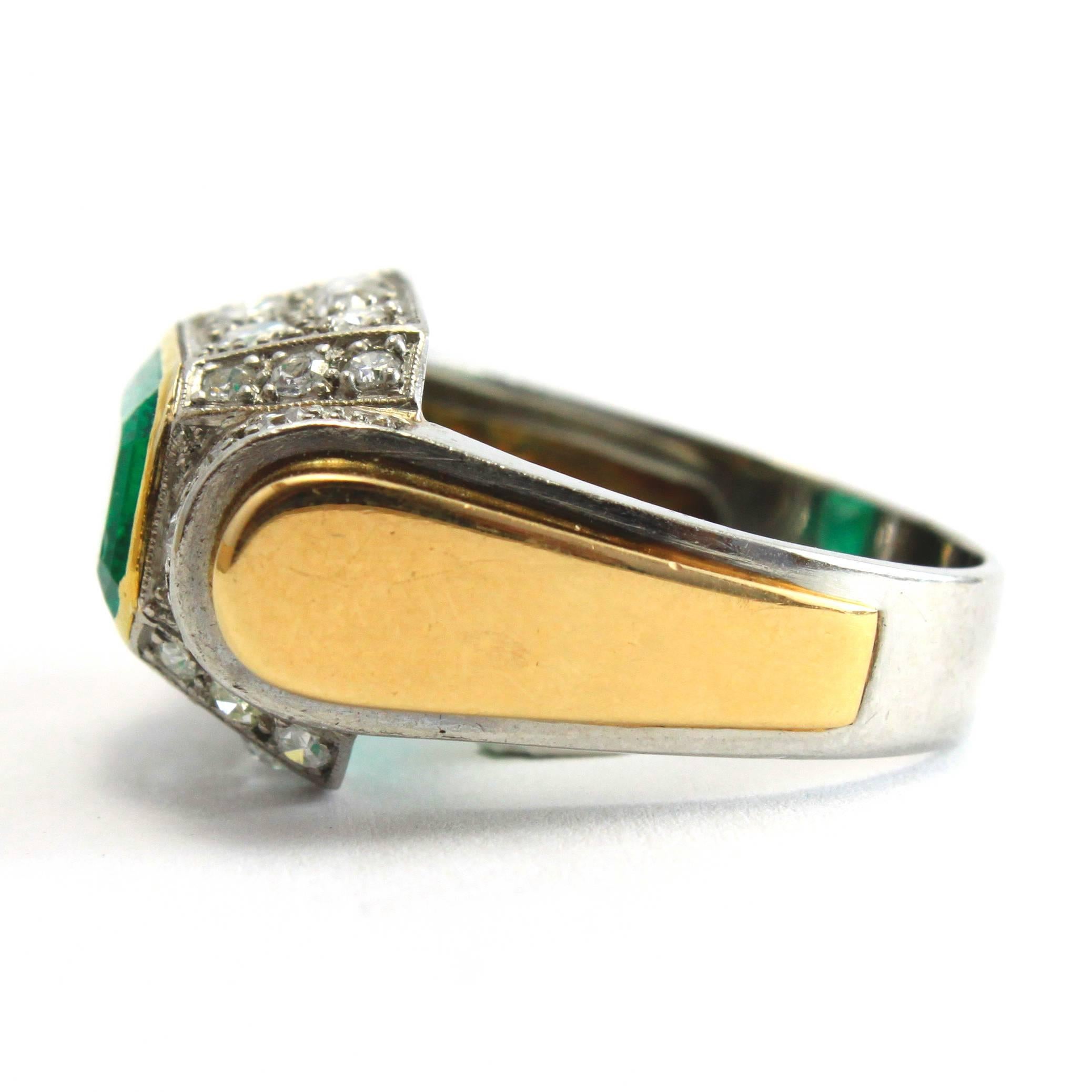 A beautiful Art Deco Emerald and Diamond platinum and yellow gold ring, ca. 1935.

The ring has a very strong and unusual design, by beautifully combining architectural Art Deco elements with some Retro features. The Colombian (old-mine) emerald