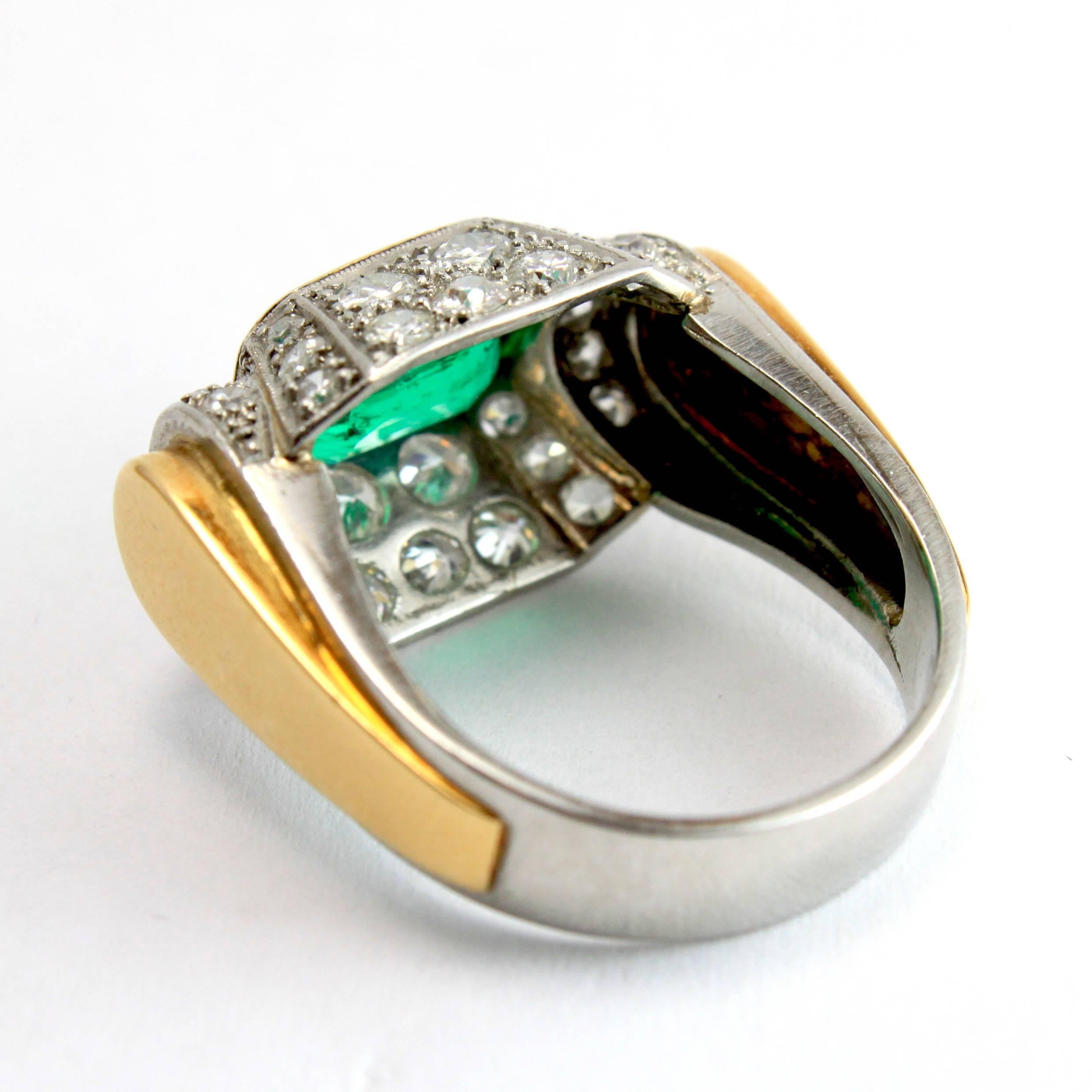 Emerald Cut Art Deco Architectural Emerald Diamond Platinum and 18K Yellow Gold Ring