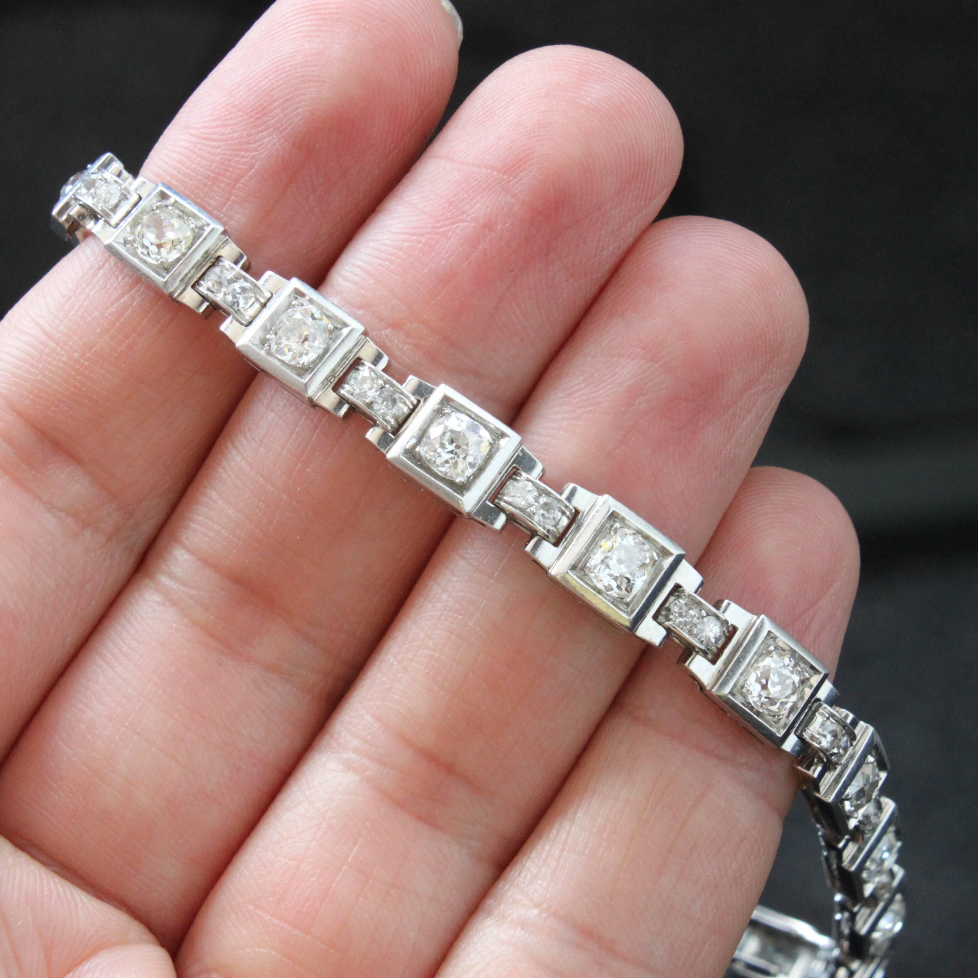 Old European Cut 1930s French Art Deco Diamond Platinum Geometric Bracelet