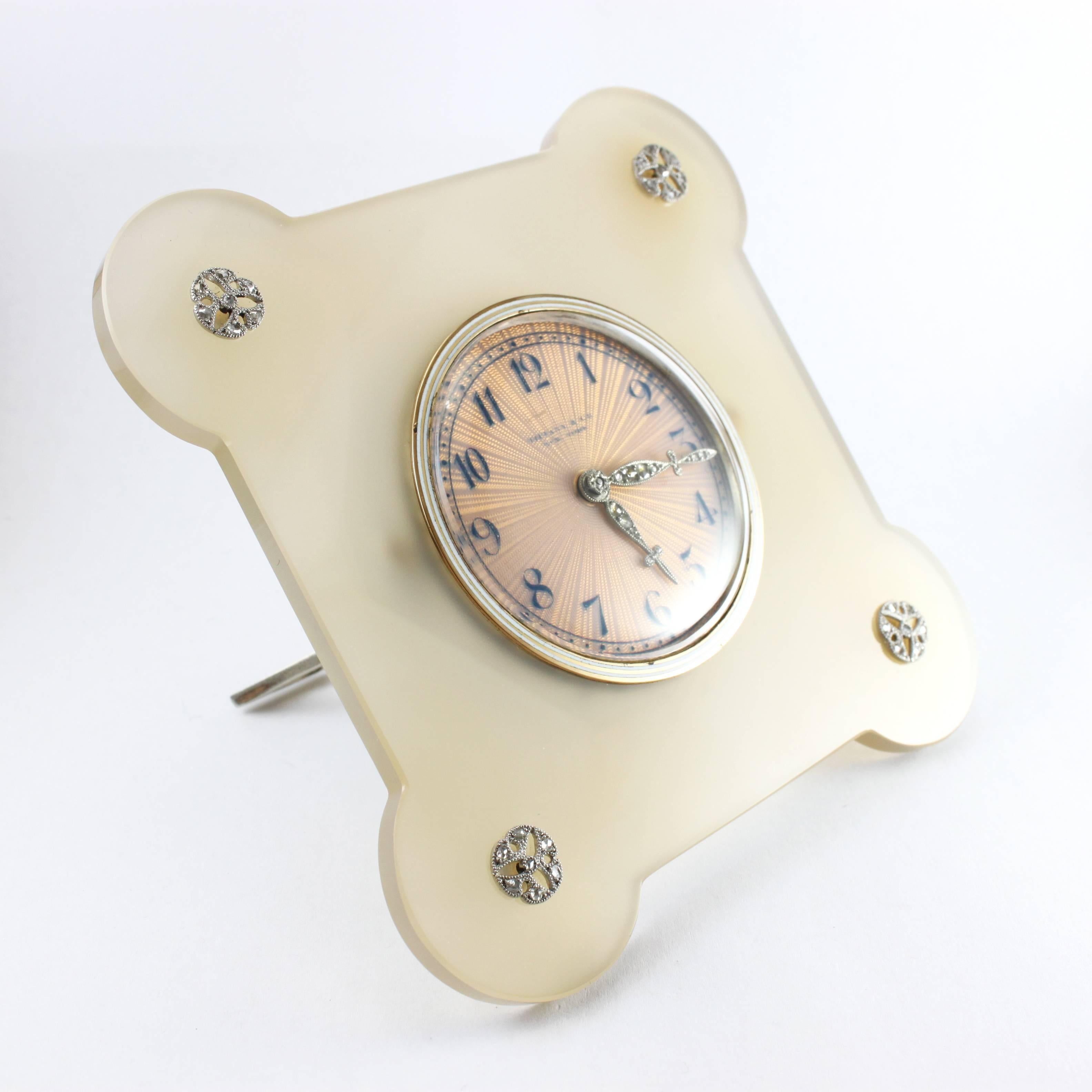 Women's or Men's Tiffany & Co. Art Deco Enamel Agate Diamond Desk Clock For Sale