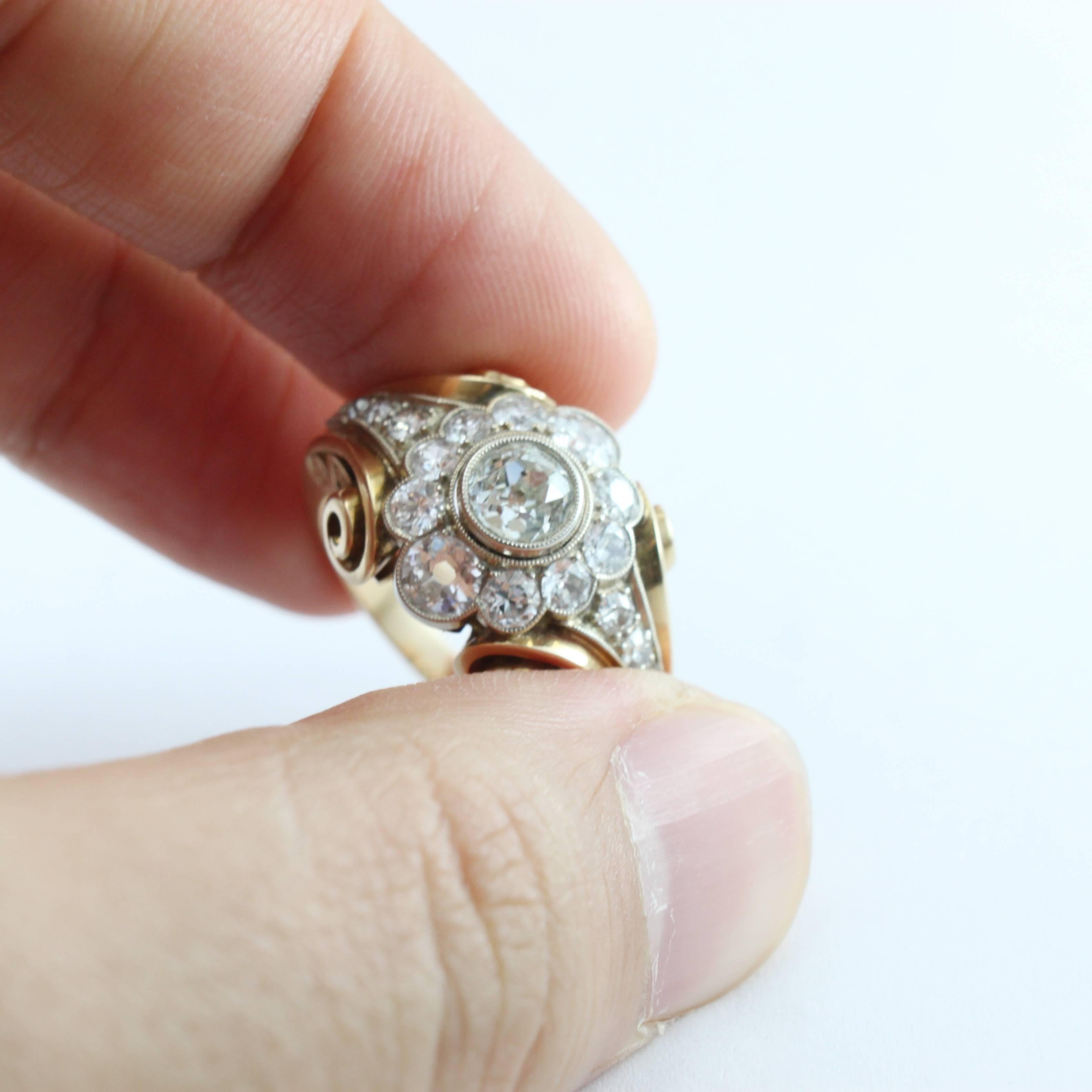 Old European Cut 1940s Retro Diamond Gold Cluster Ring For Sale