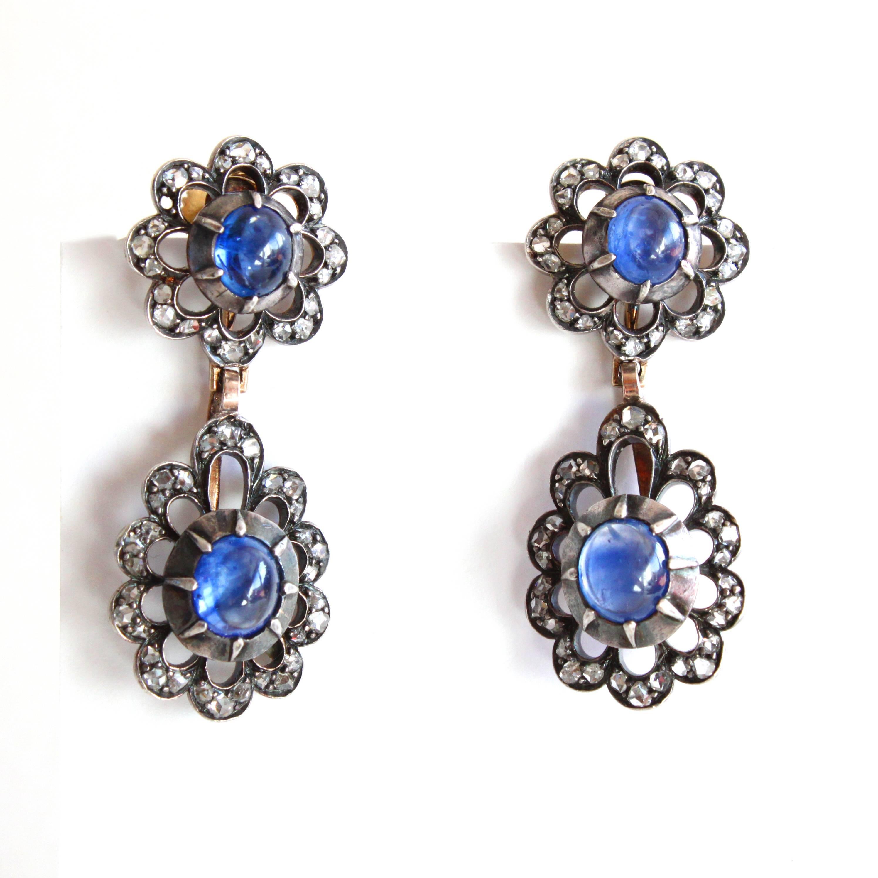 Cabochon Victorian Sapphire Diamond Silver Gold Earrings Pendant Brooch Set