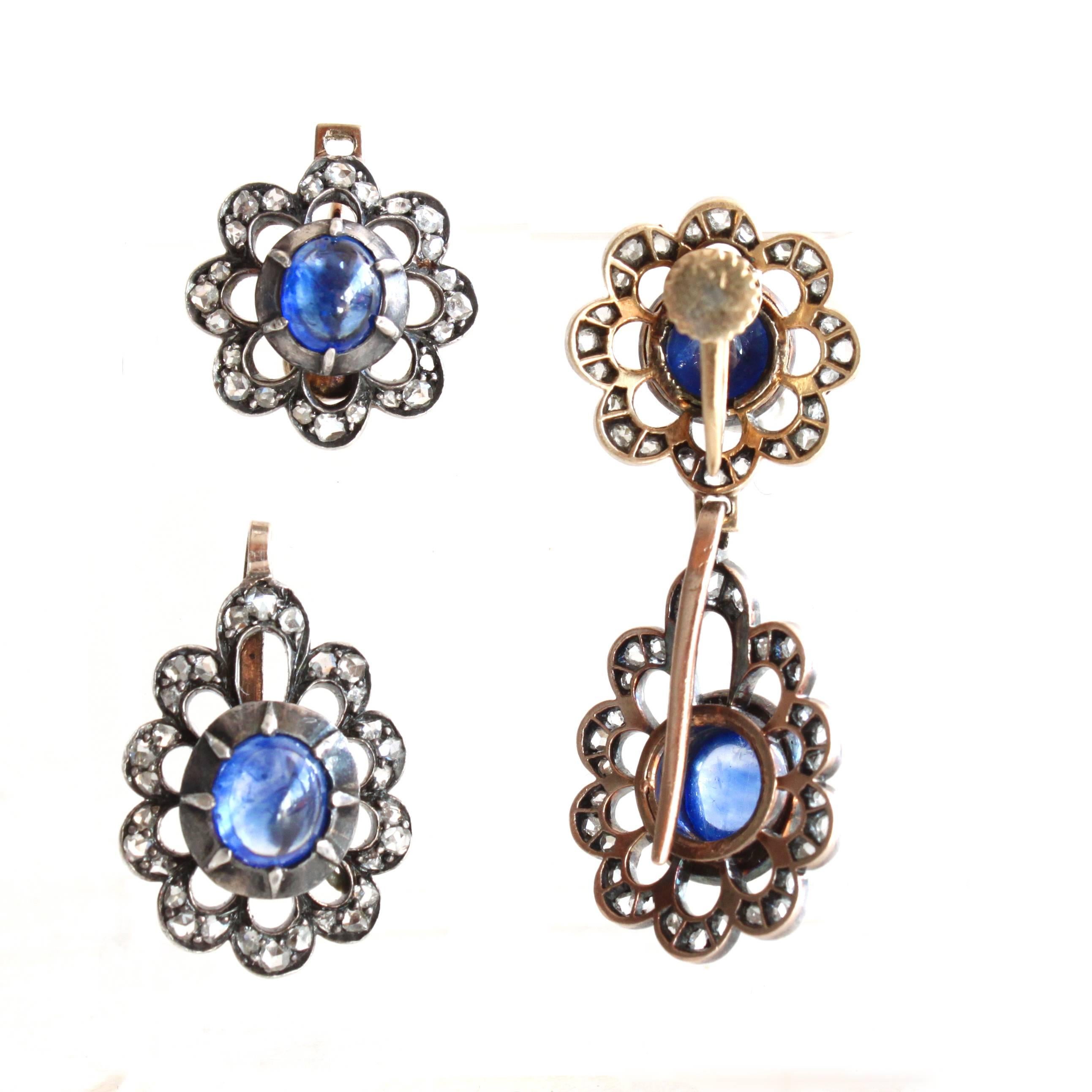 Victorian Sapphire Diamond Silver Gold Earrings Pendant Brooch Set In Excellent Condition In Idar-Oberstein, DE