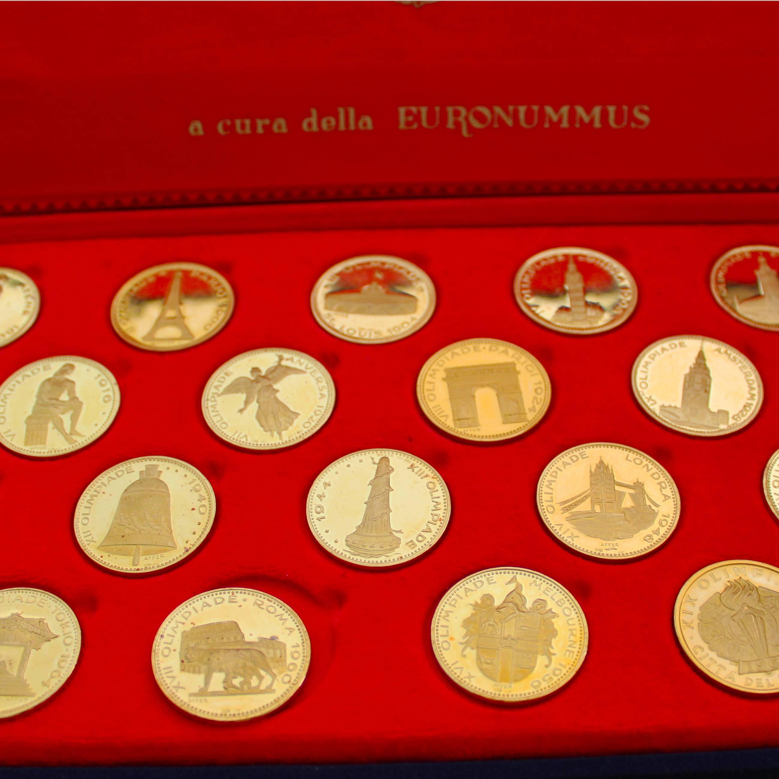 A rare and beautiful Olympic Gold Coins Set.

The set consists of 20 gold coins (22k yellow gold), each depicting the first twenty New Olympic Games from 1896 to 1972 with their locations and city landmarks on one side and the Olympic Torch Bearer