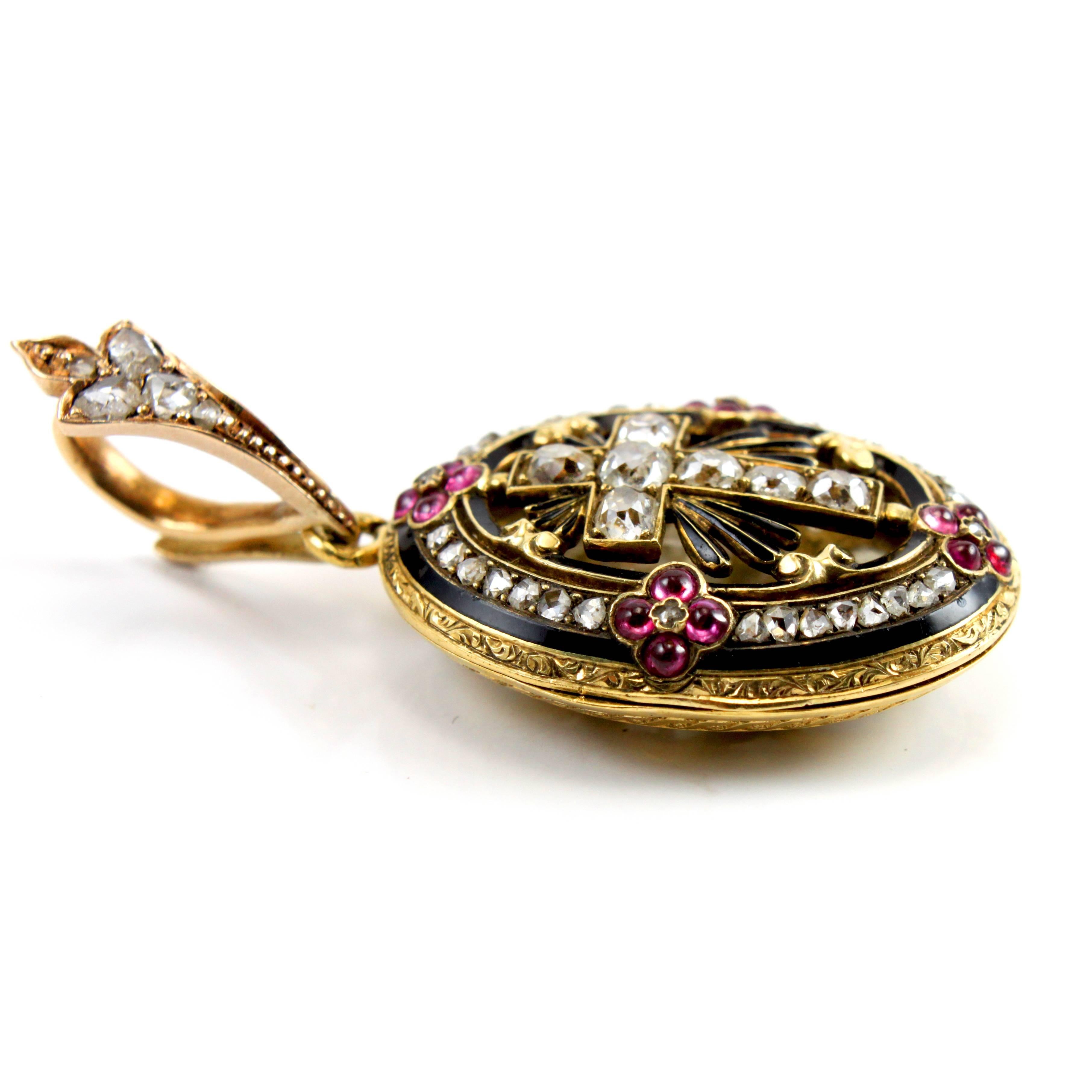 Women's or Men's 18K Yellow Gold Diamond and Ruby Cross Pendant Locket, circa 1860s