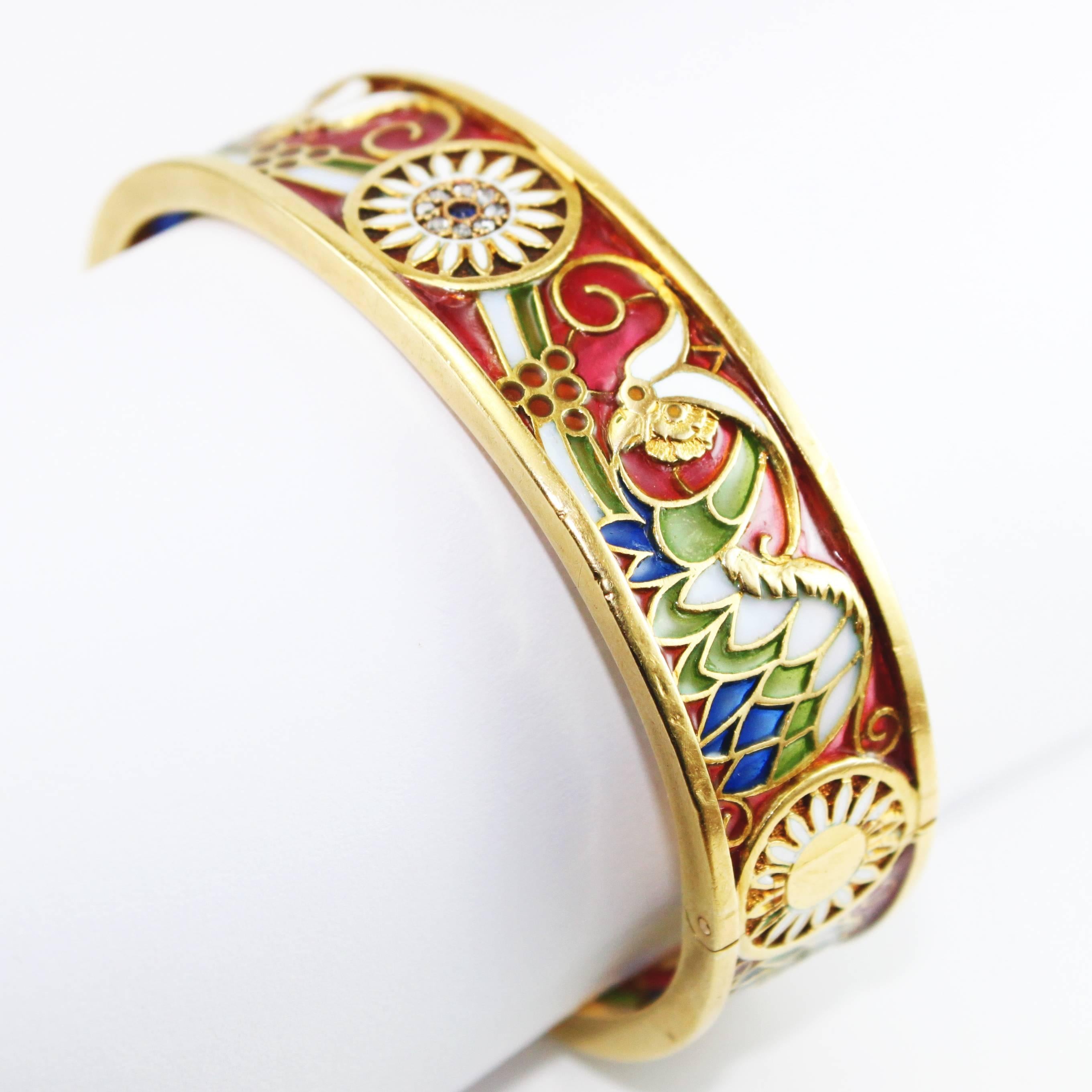 Women's Masriera y Carreras Art Nouveau Plique a Jour Enamel 18K Gold Bangle Bracelet