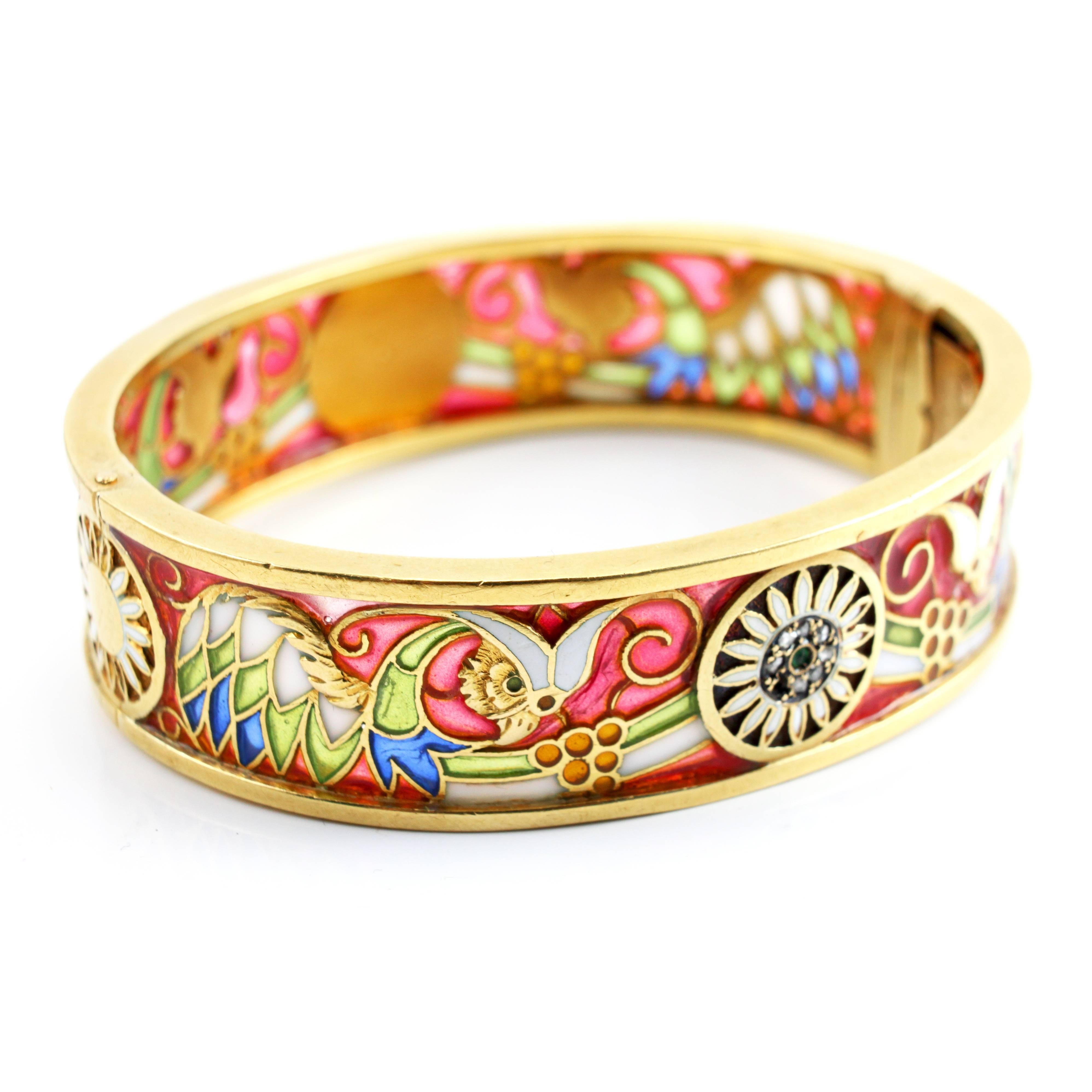 Masriera y Carreras Art Nouveau Plique a Jour Enamel 18K Gold Bangle Bracelet 1