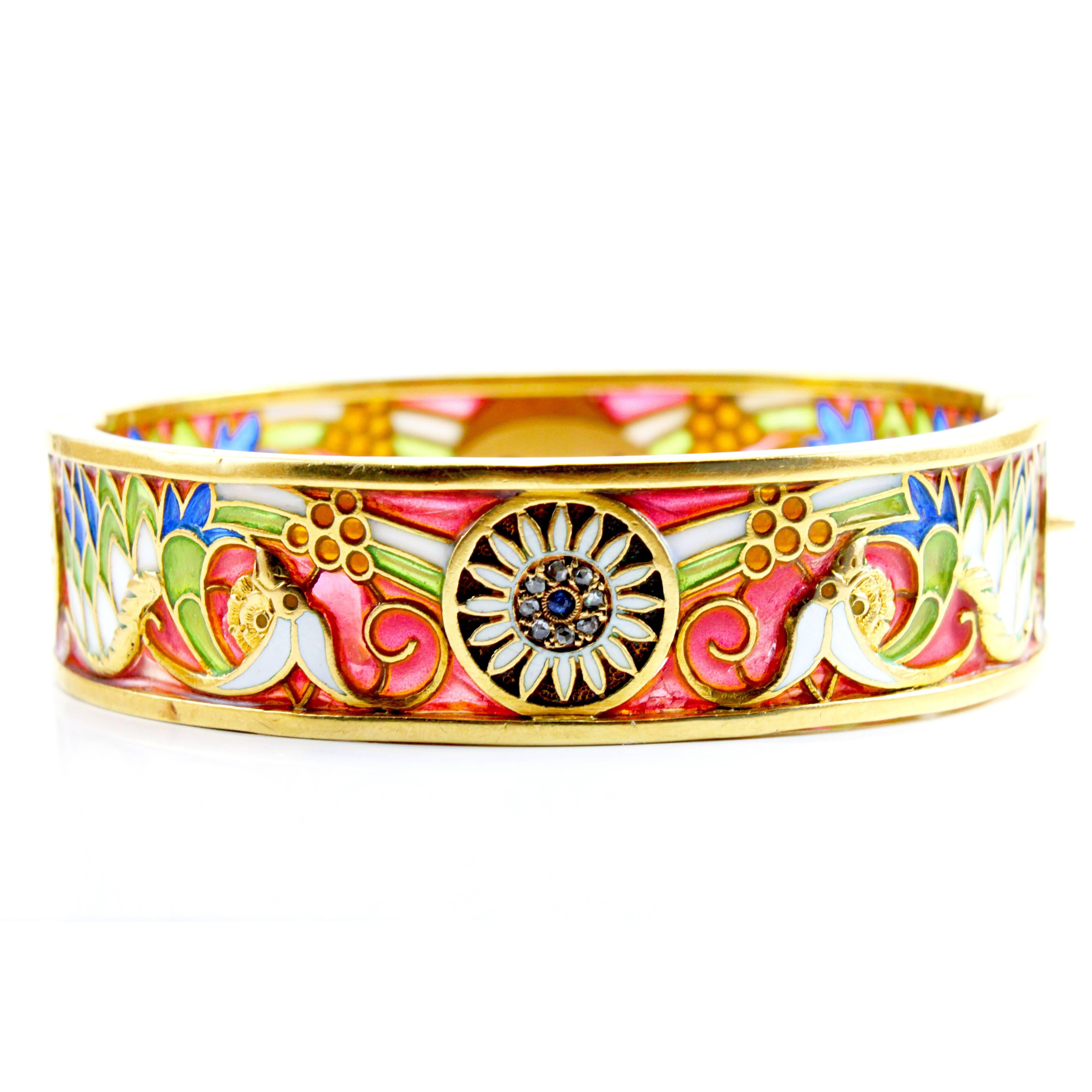 Masriera y Carreras Art Nouveau Plique a Jour Enamel 18K Gold Bangle Bracelet 2