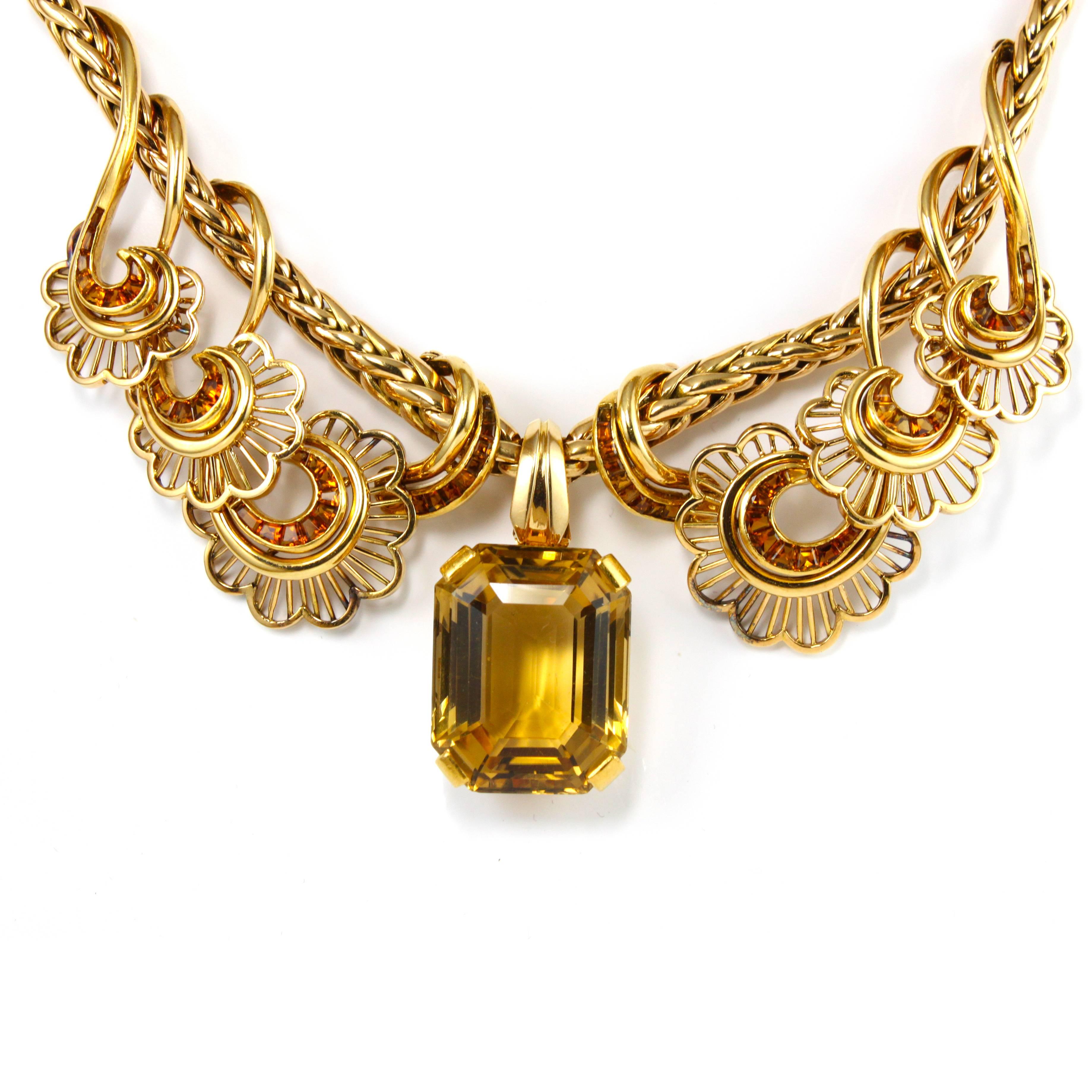 18K Gold Citrine Retro French Necklace  In Excellent Condition In Idar-Oberstein, DE