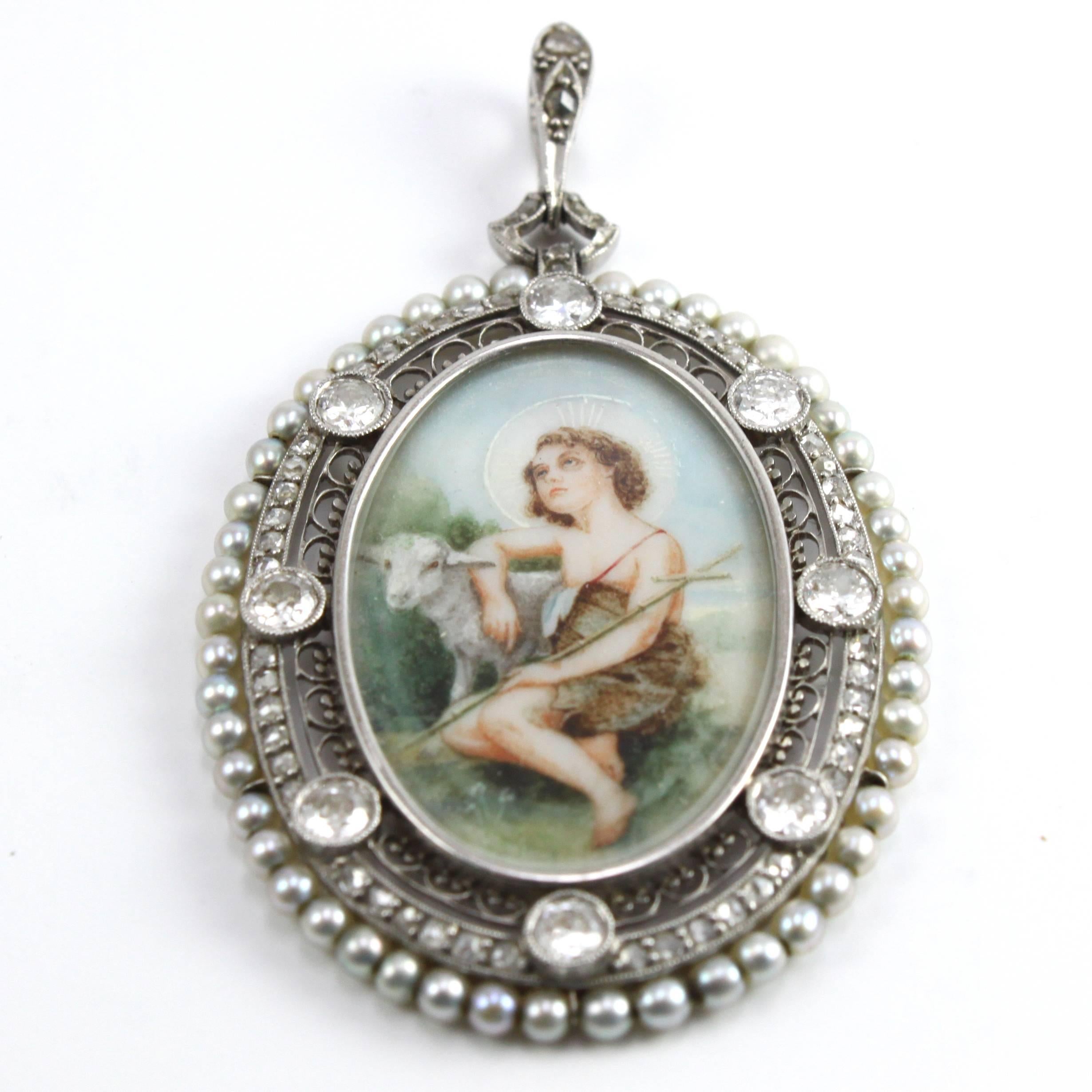 Women's or Men's Belle Époque Diamond and Pearl Frame Pendant