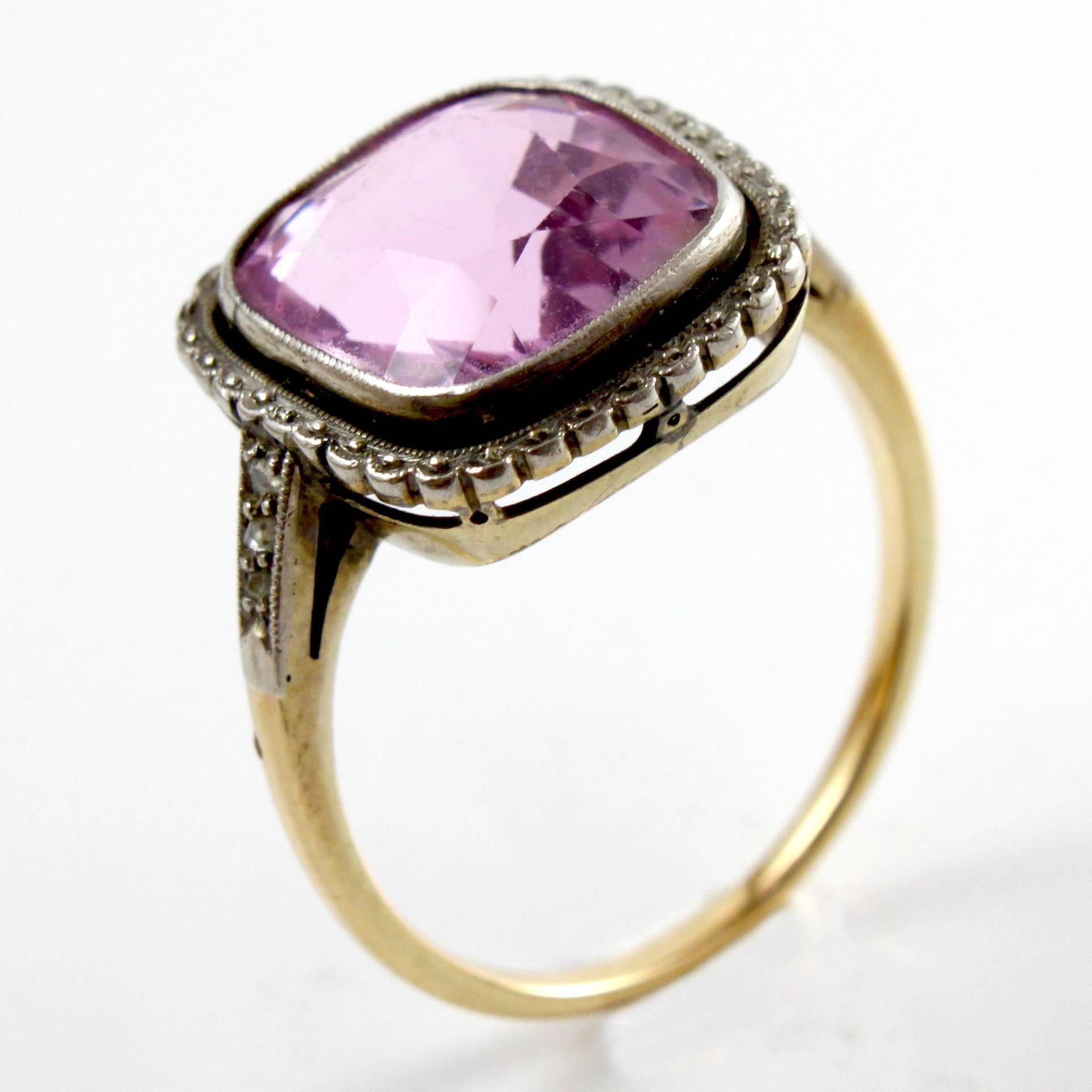 Antique Cushion Cut Gold Edwardian Pink Topaz and Diamond Ring For Sale