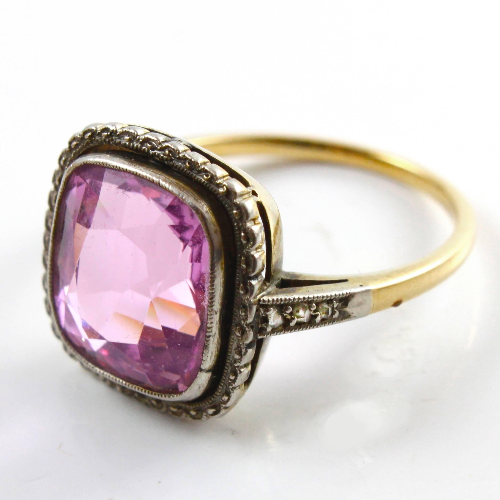 Gold Edwardian Pink Topas und Diamant Ring (Antiker Kissenschliff) im Angebot