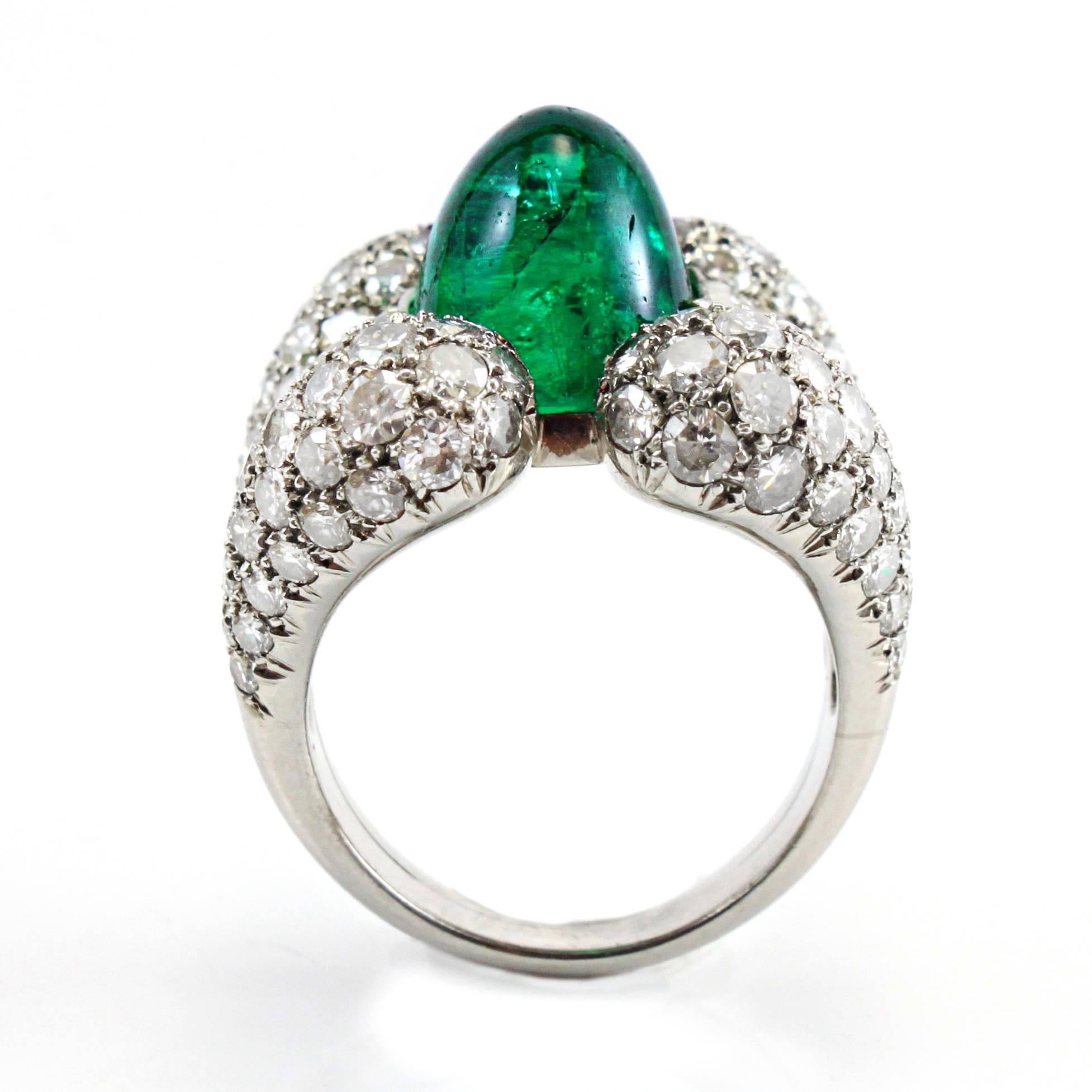 Sugarloaf Cabochon Platinum Retro Emerald Cabochon Diamond Ring For Sale