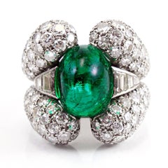 Platinum Retro Emerald Cabochon Diamond Ring