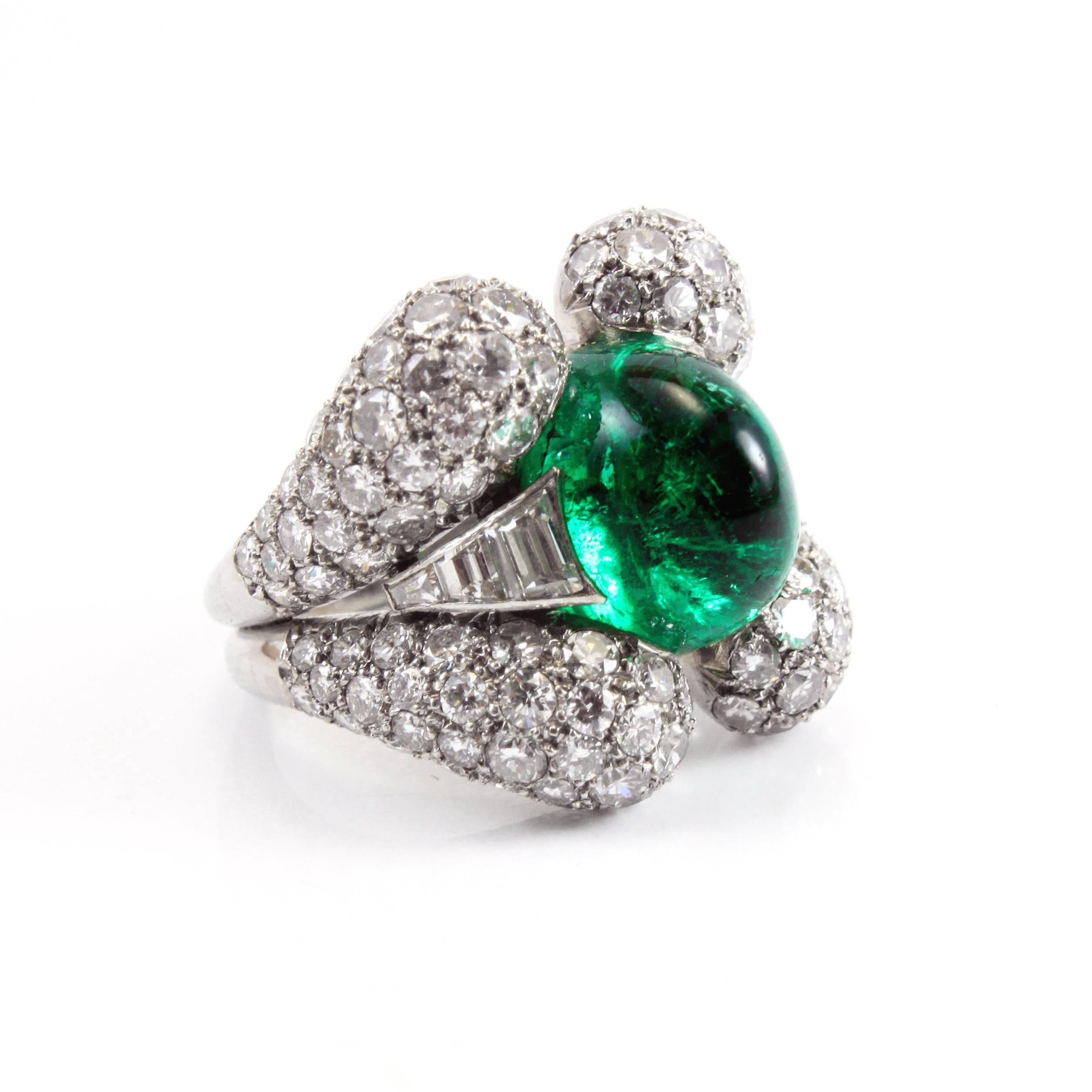 Art Deco Platinum Retro Emerald Cabochon Diamond Ring For Sale